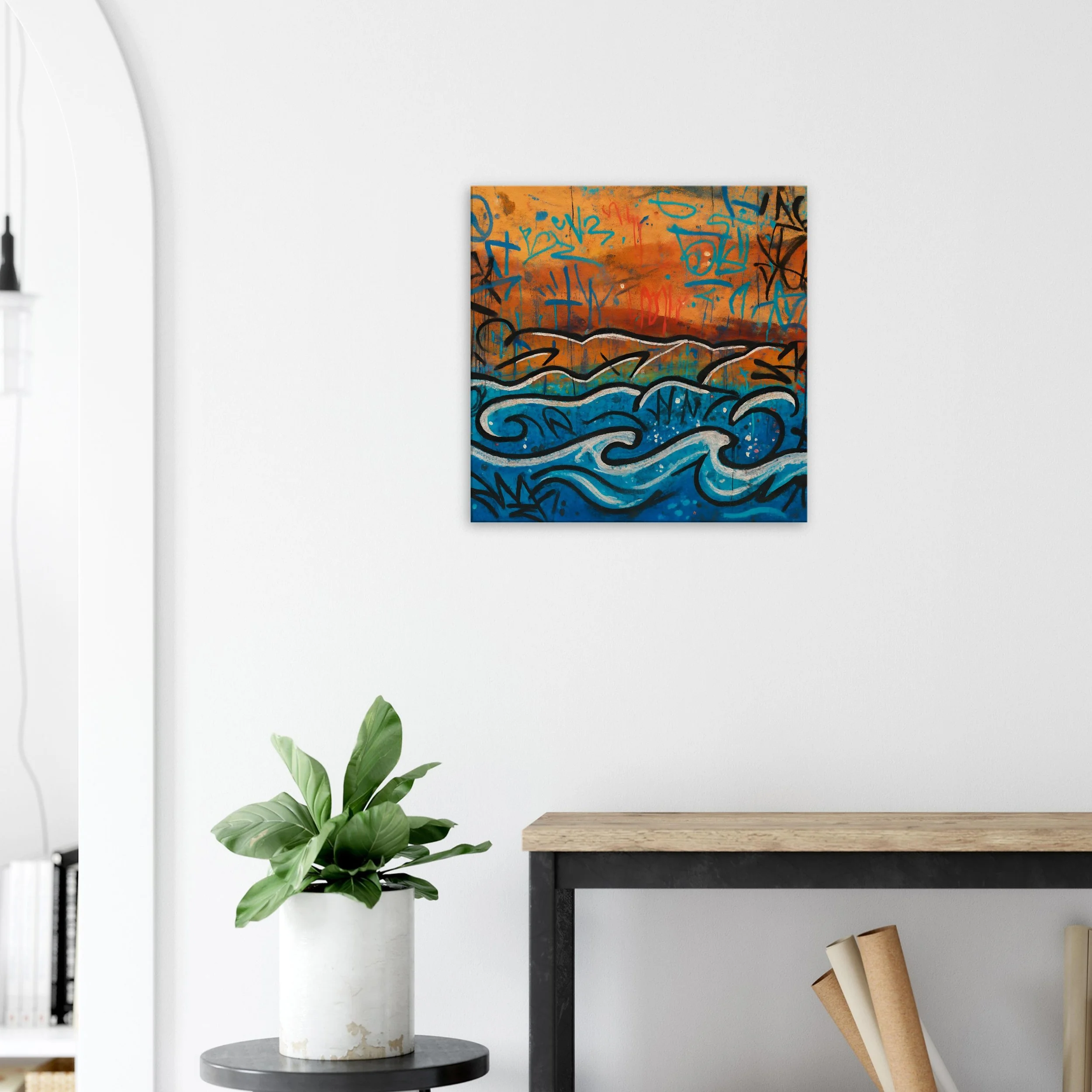Abstract painting of swirling blue waves against an orange and brown sunset background with graffiti-style tags.