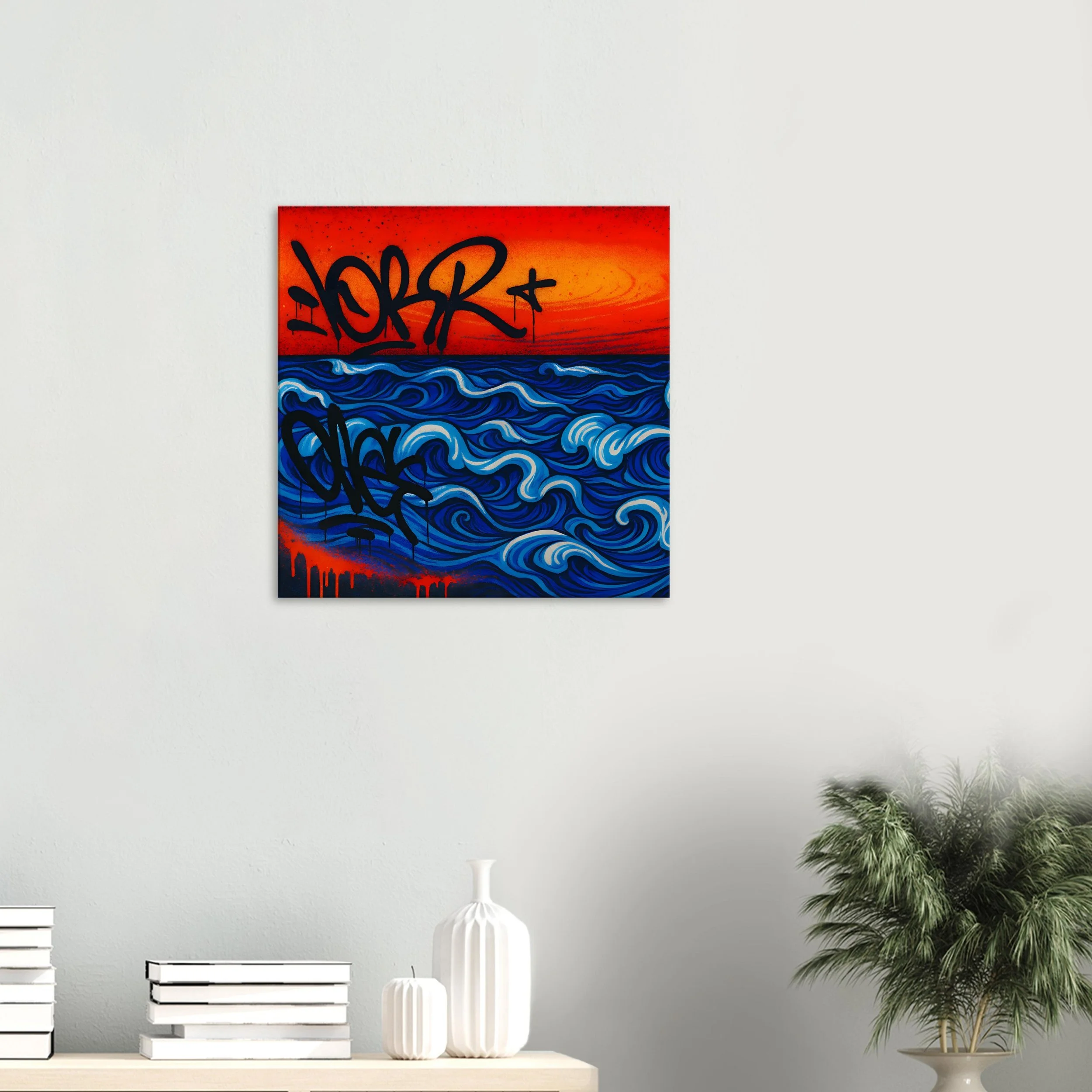 Graffiti art of blue ocean waves with an orange sunset background, black tags and drips on a canvas