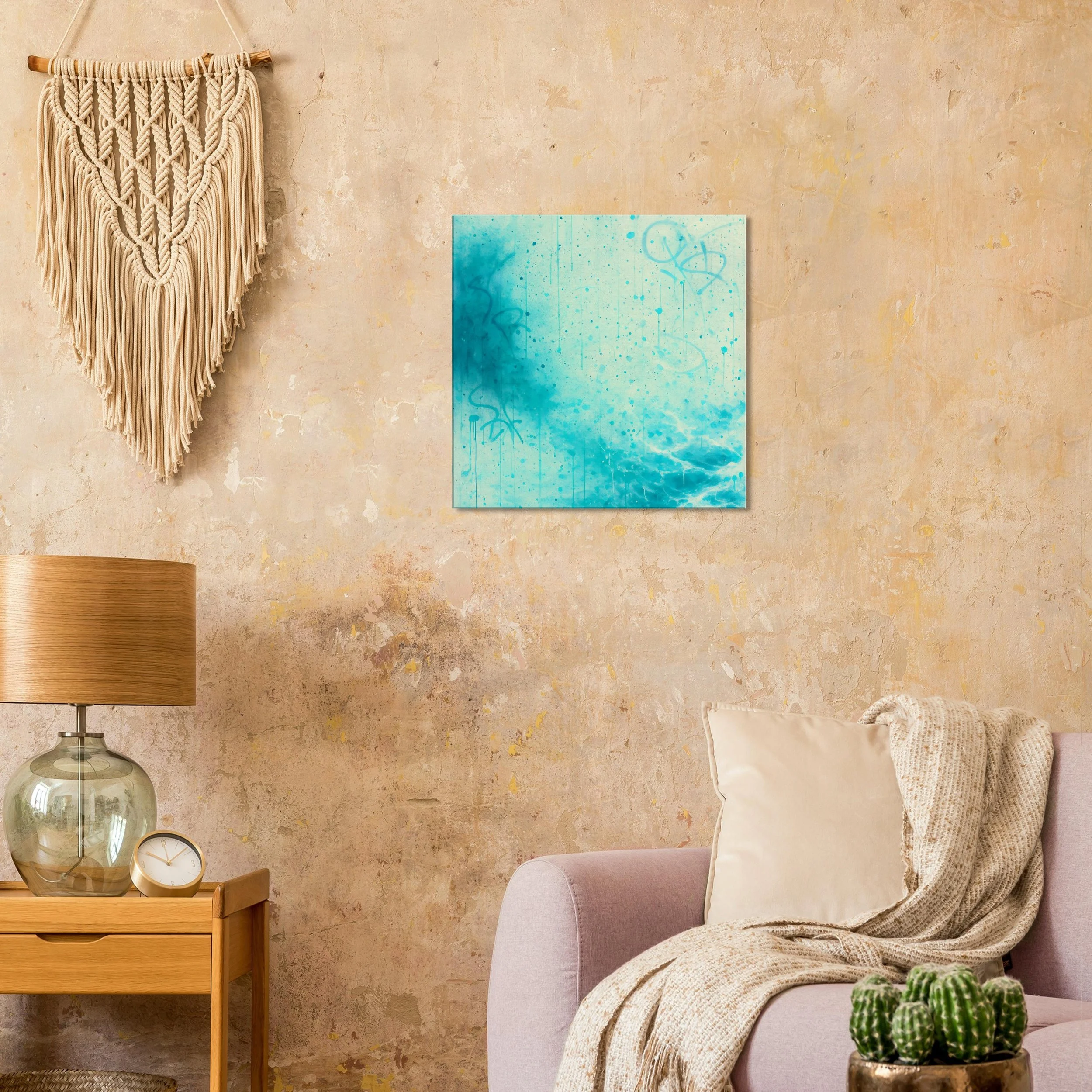 Living room with textured beige wall, a beige sofa with a pillow and blanket, a side table with a glass lamp and a clock, a wall hanging made of macrame, and a blue abstract painting.