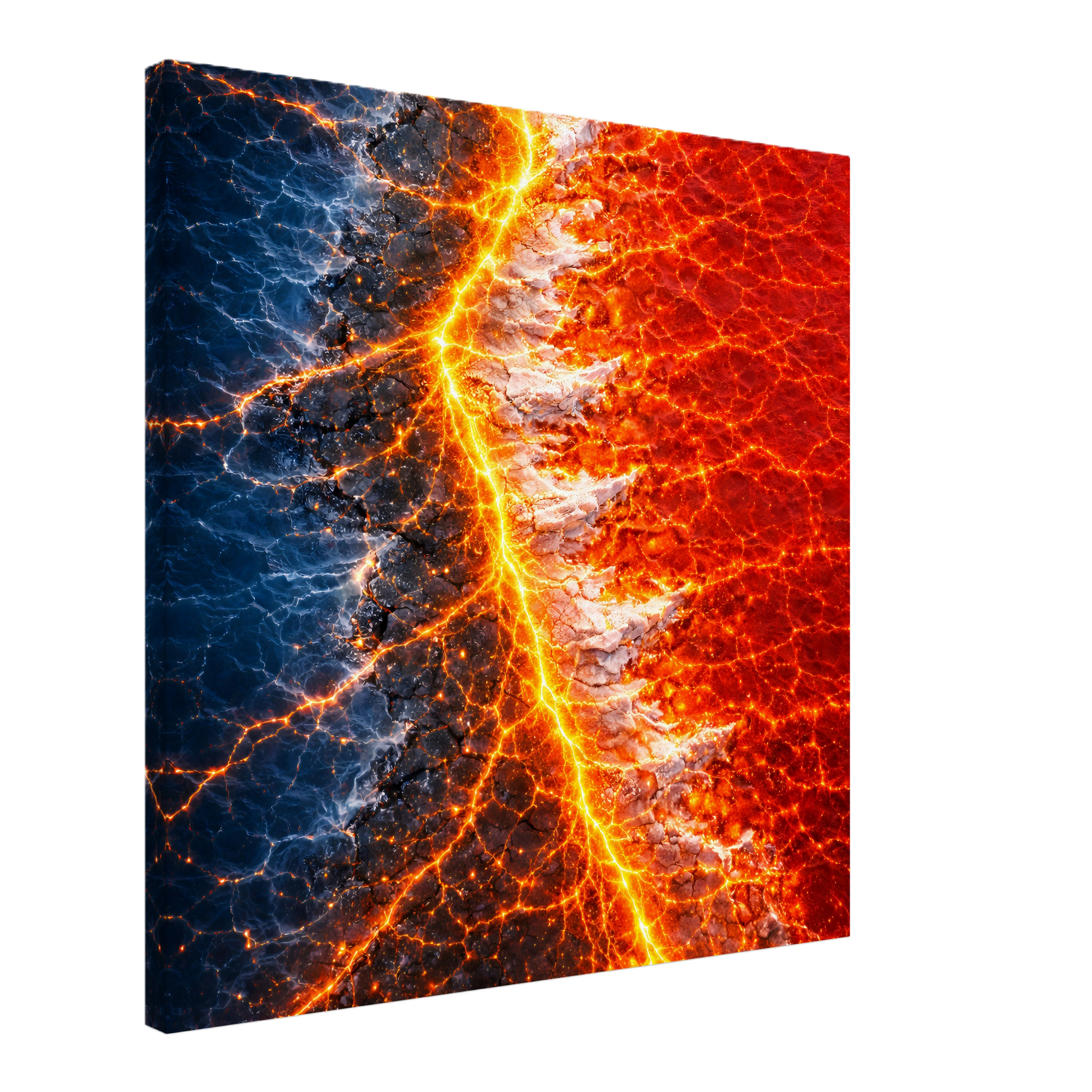 A cube with a visual design of cracked earth and volcanic activity, with red and orange lava on one side and blue lightning on the other.