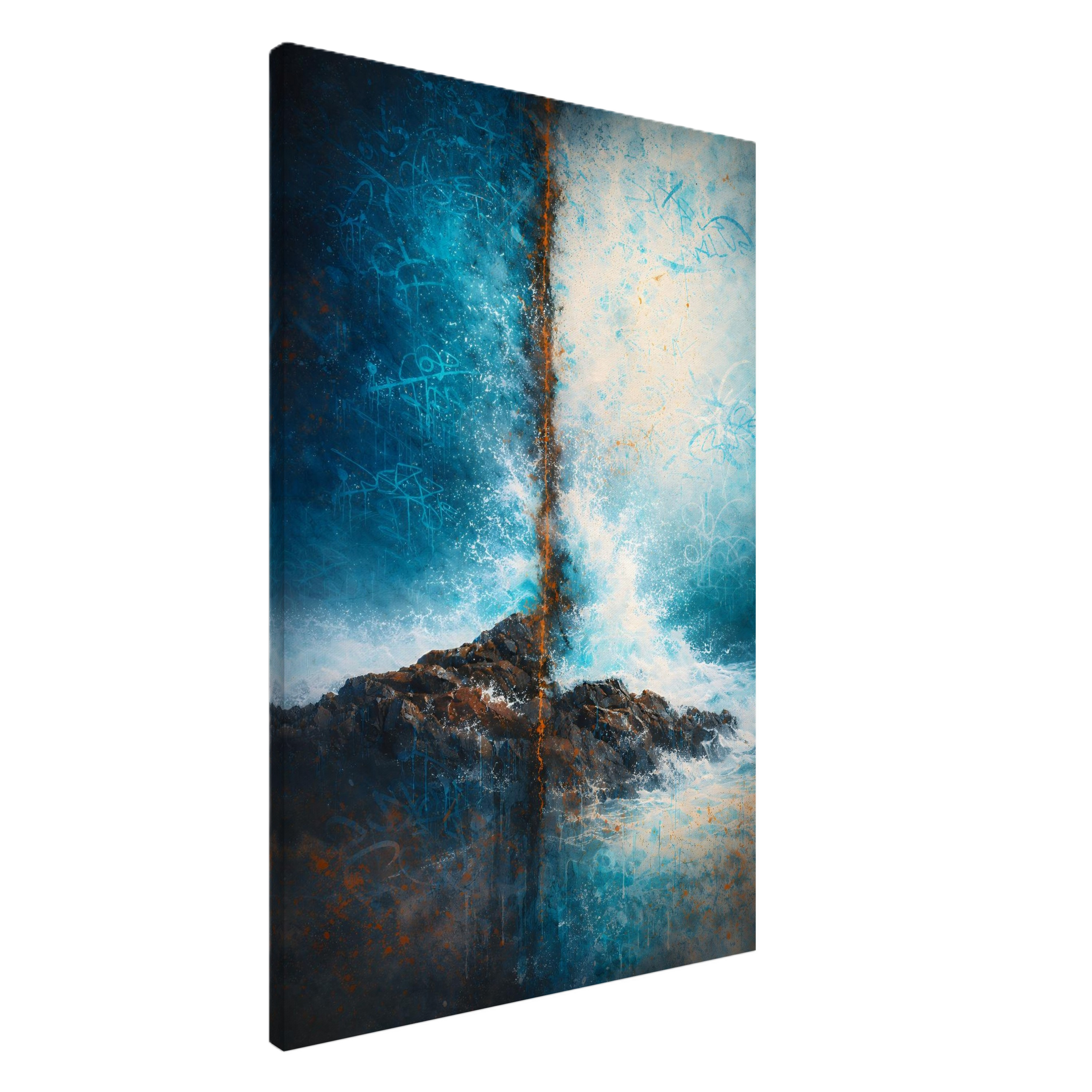 Abstract artwork with shades of blue, white, and orange, featuring splattered and textured patterns, resembling a cosmic or oceanic scene.