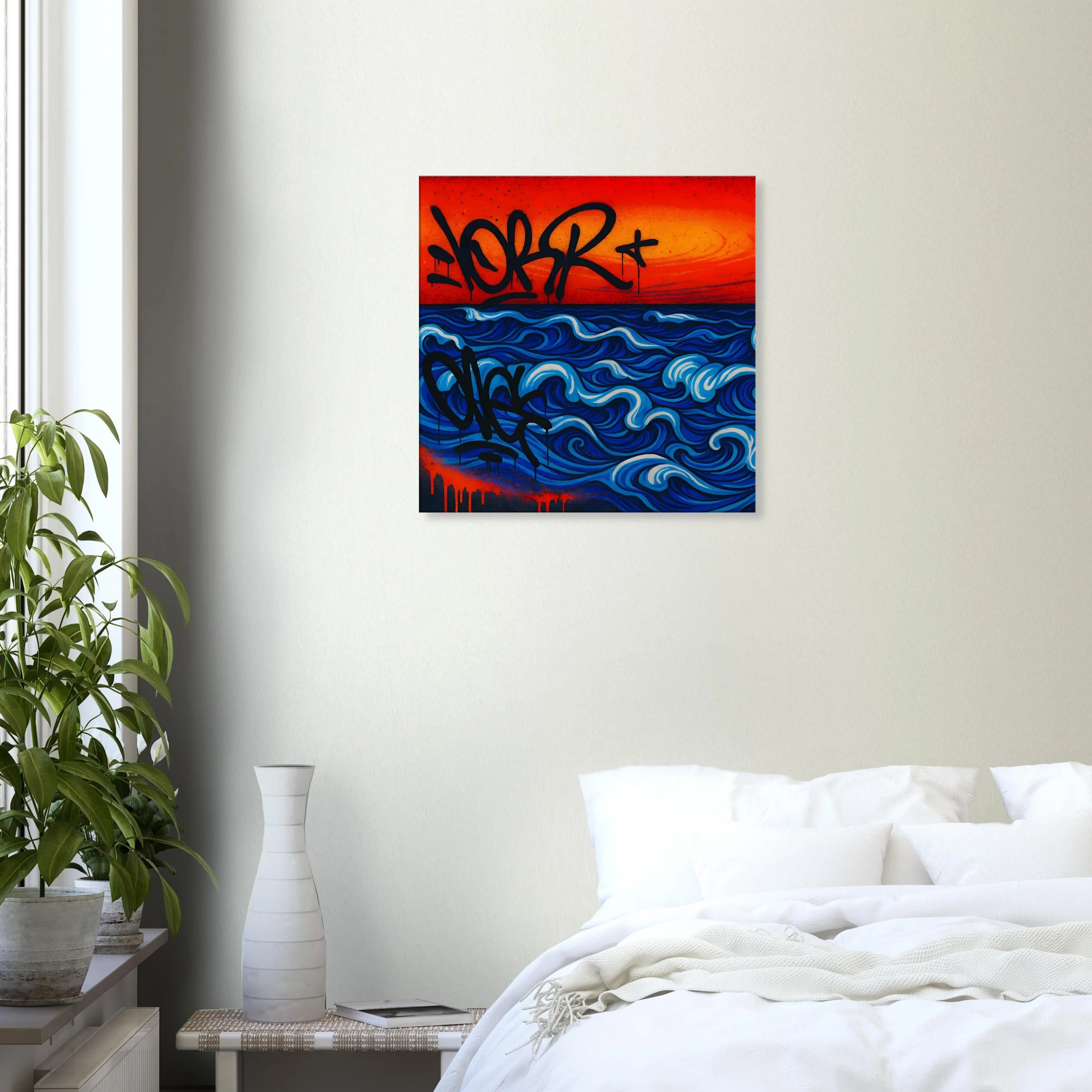 A painting of ocean waves with a red sunset background and graffiti-style text.
