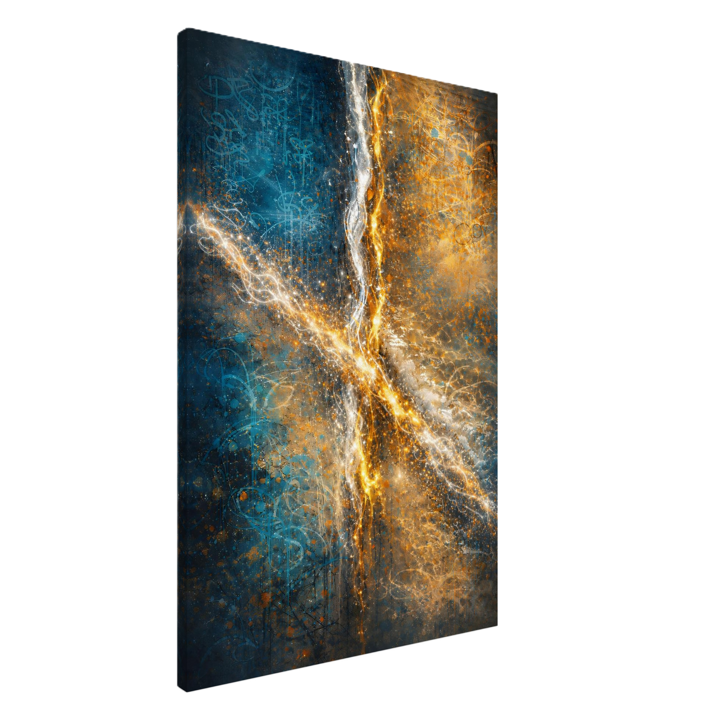 Digital artwork depicting a split scene of blue and orange abstract cosmic energy with intricate interconnected patterns and glowing points of light.