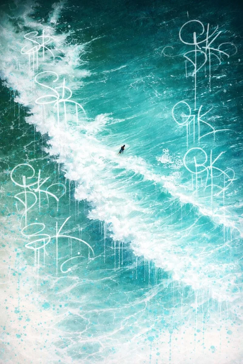 A person standing in the ocean waves with digital graffiti-style white text overlay reading 'SKY DARK'.