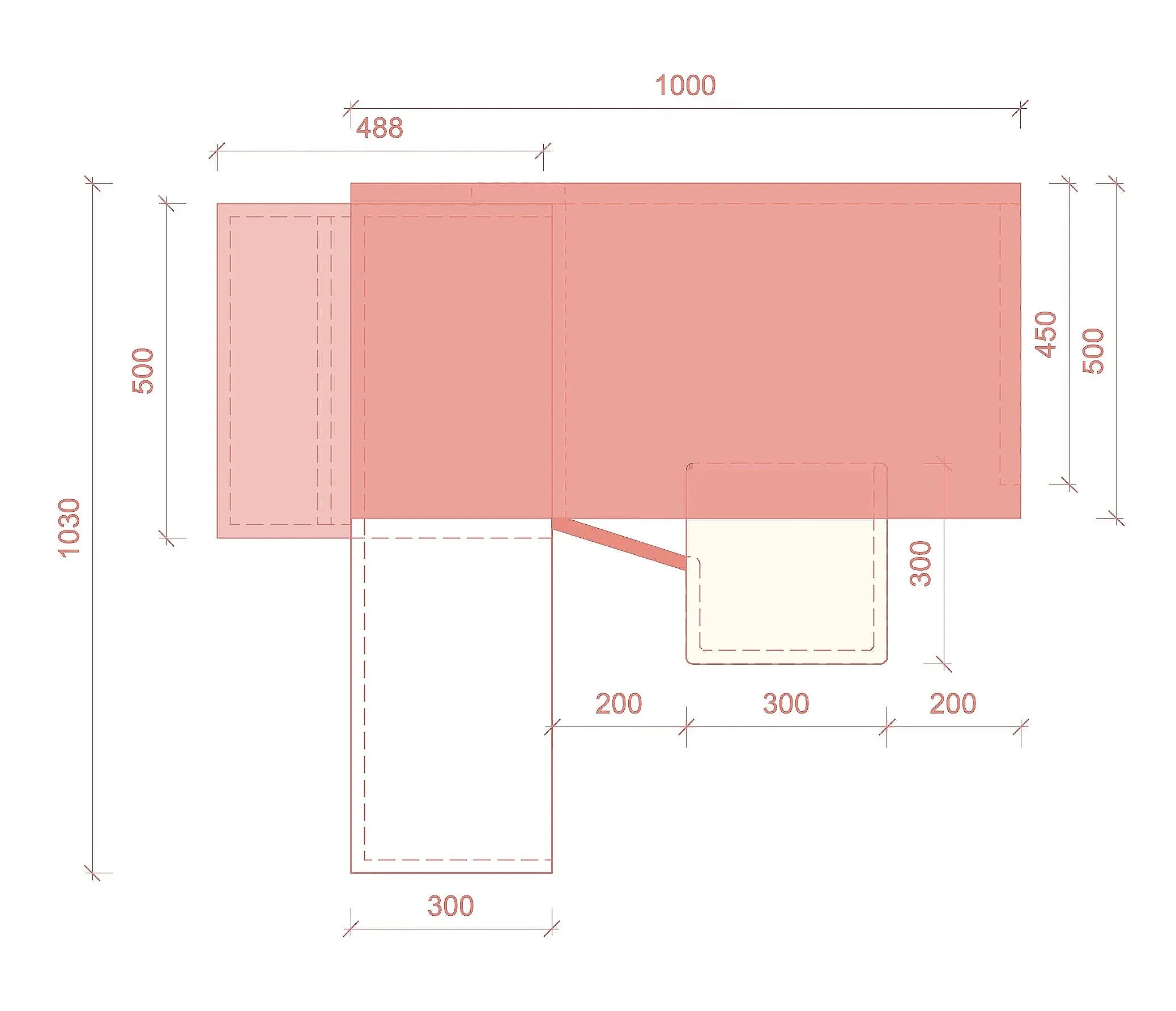 Schematische tekening met afmetingen van een bouwplan, inclusief verschillende gemarkeerde delen in rood en wit, met afmetingen in millimeters.