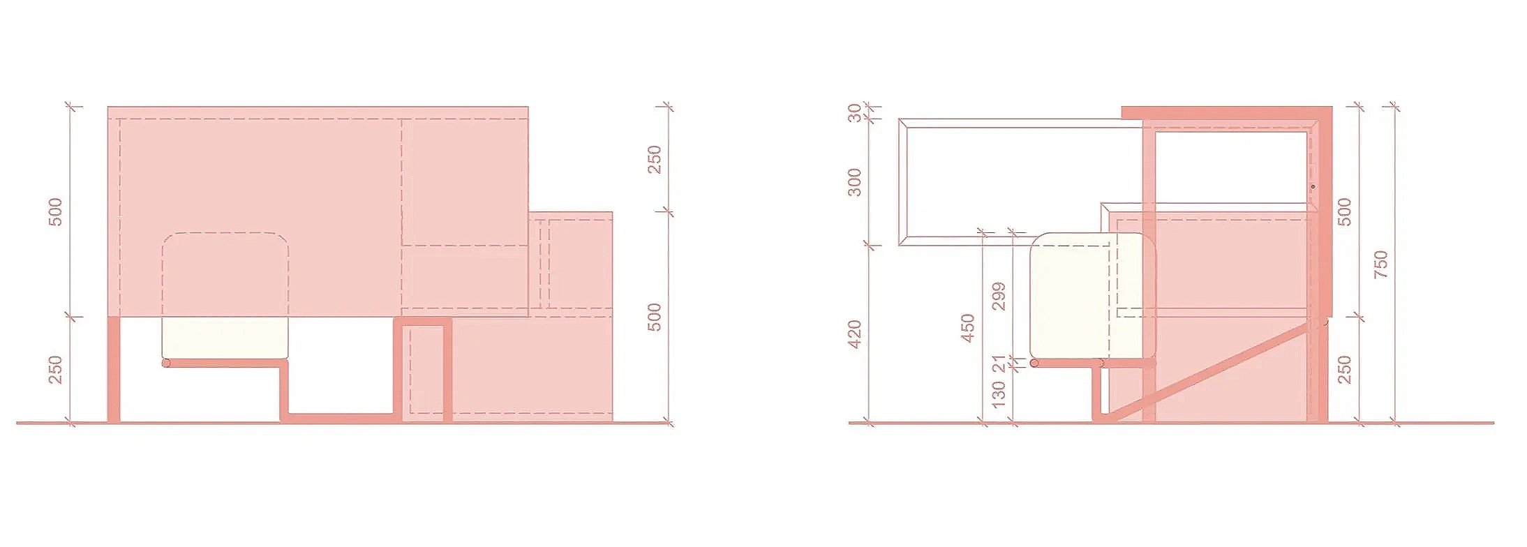 Technisch bouwplan met afmetingen en structuur, weergegeven in een blauwdruk met geometrische vormen en metingen.