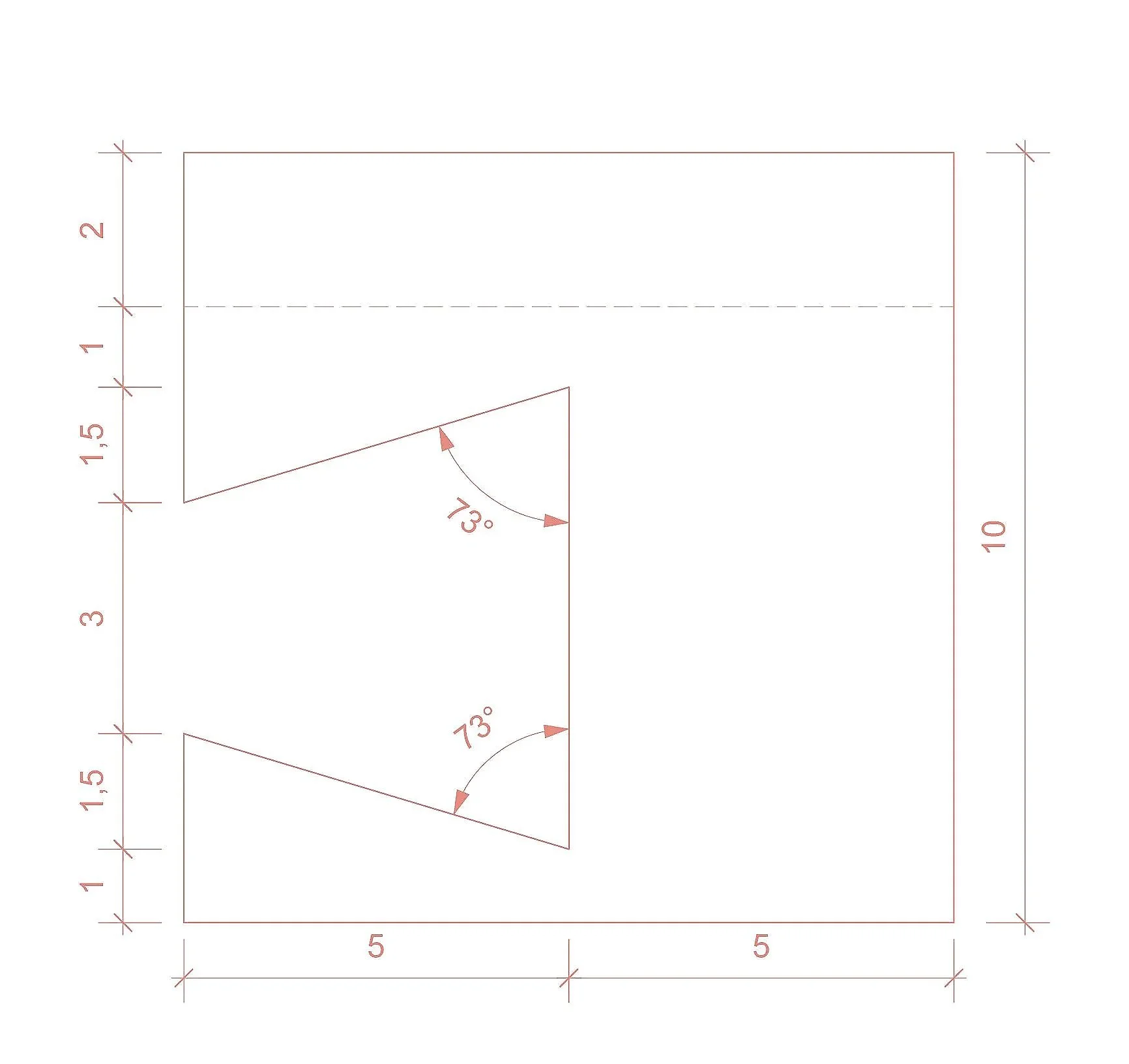 Technische tekening van een rechthoekige ruimte met afmetingen en hoek van 73 graden in het midden.