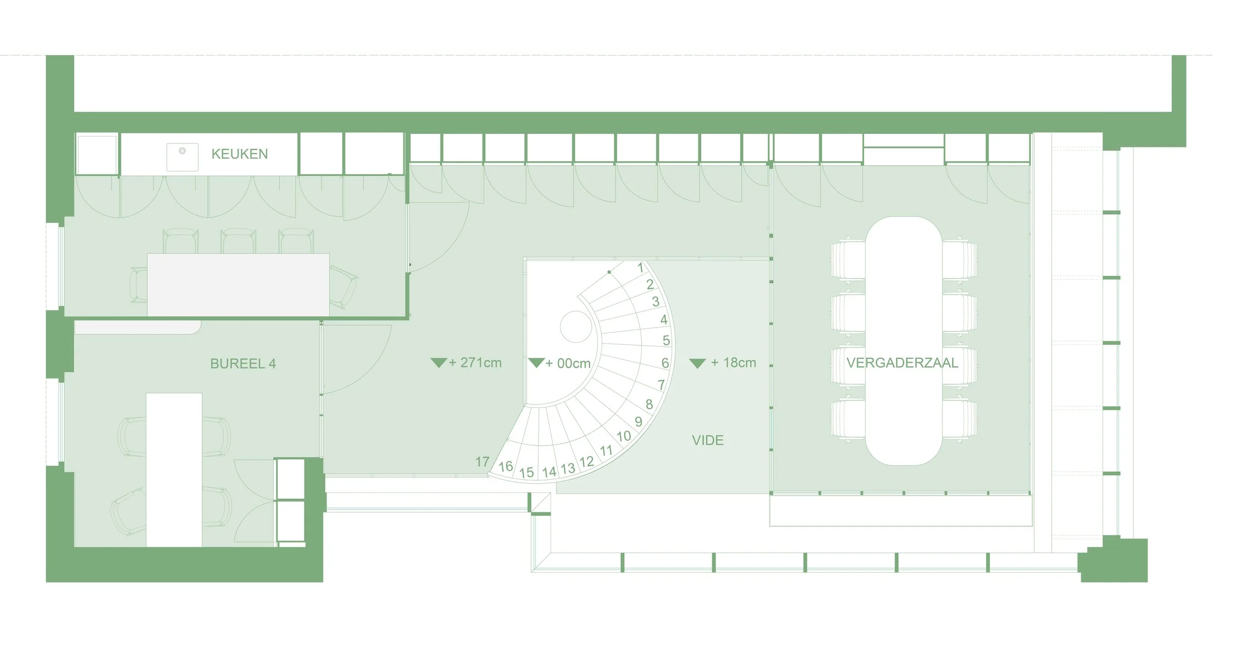 Een groen en wit architectuur plan van een kantoorruimte met een vergaderzaal, een keukengedeelte, een bureau en een vide met een wenteltrap.