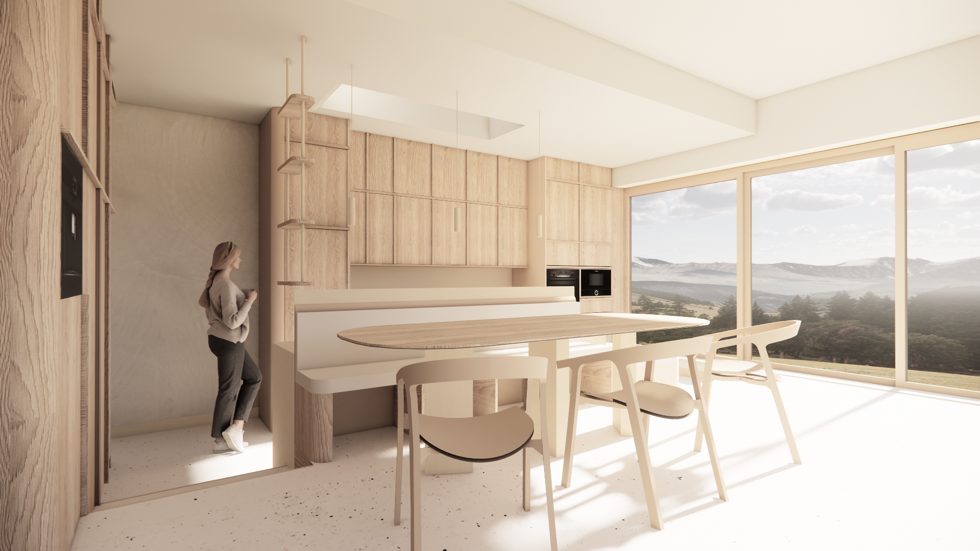 Leefkeuken om met het gezin te vertoeven. Samen in contact met omgeving binnen en buitenshuis.