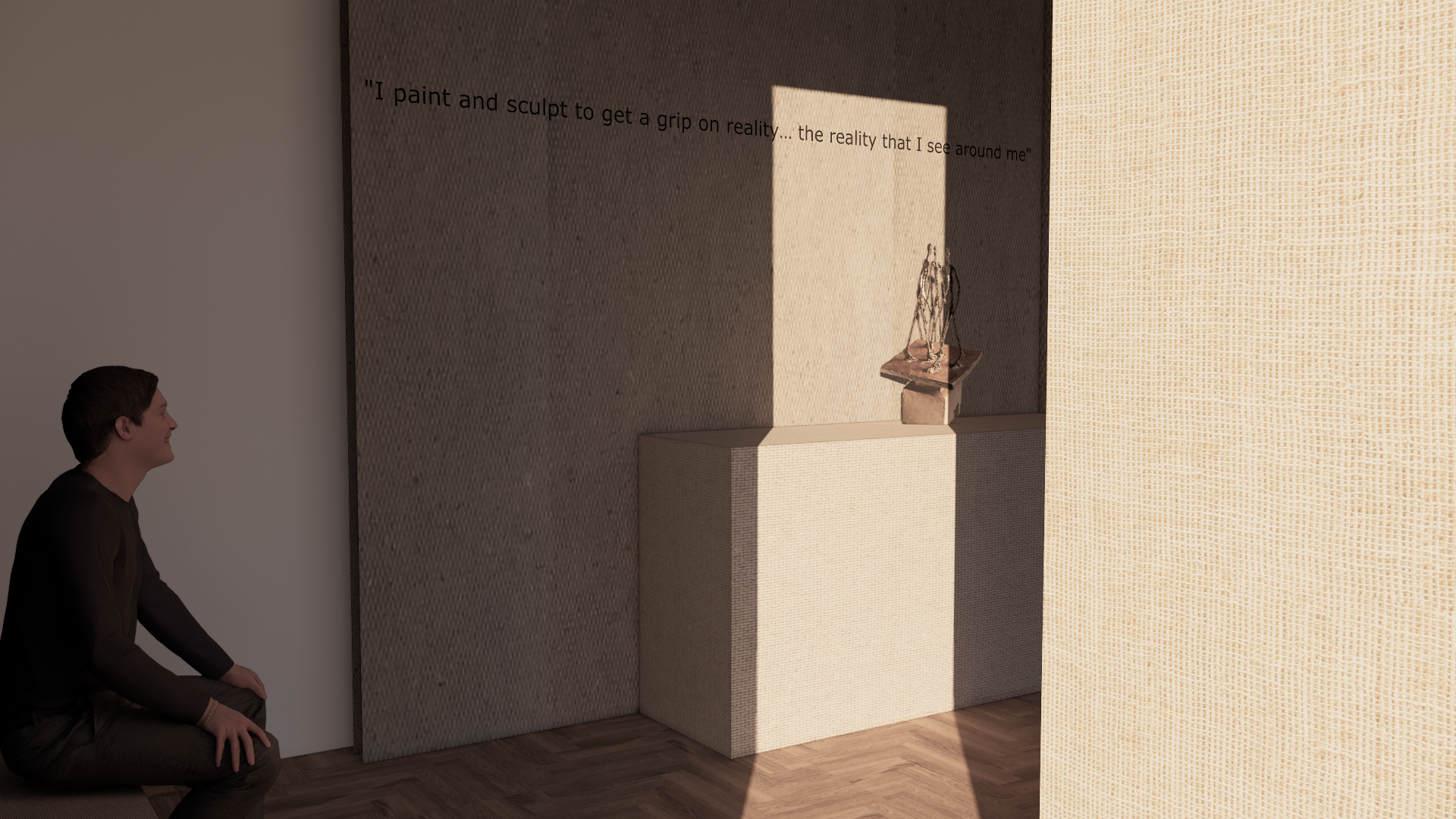 Een man kelderend en kijkend naar een kunstwerk op een sokkel, met een muur en een raam waar zonlicht doorheen schijnt.