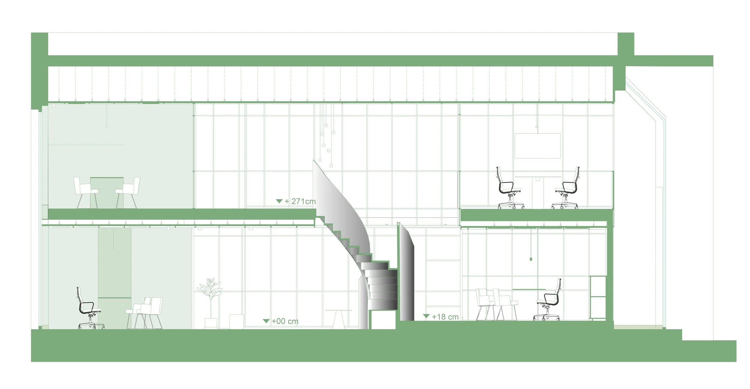 Sectie van een modern kantoorgebouw met meerdere verdiepingen, trappenhuis en kantoorruimte, waarbij bureaustoelen, tafels en planten zichtbaar zijn.