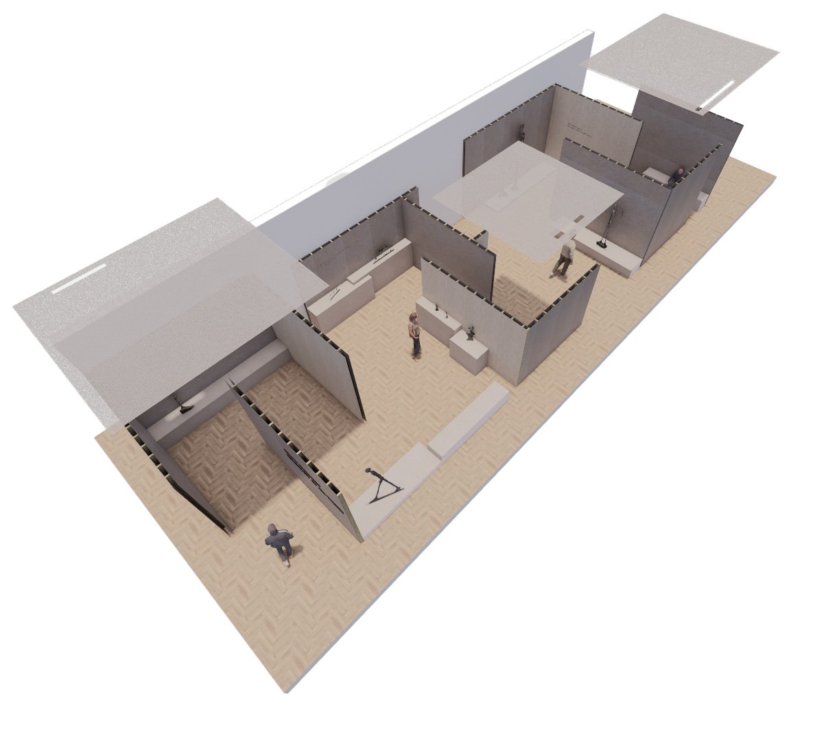 3D-rendering van een interieurontwerp met meerdere kamers, wanden, meubels en mensen die de ruimte verkennen.