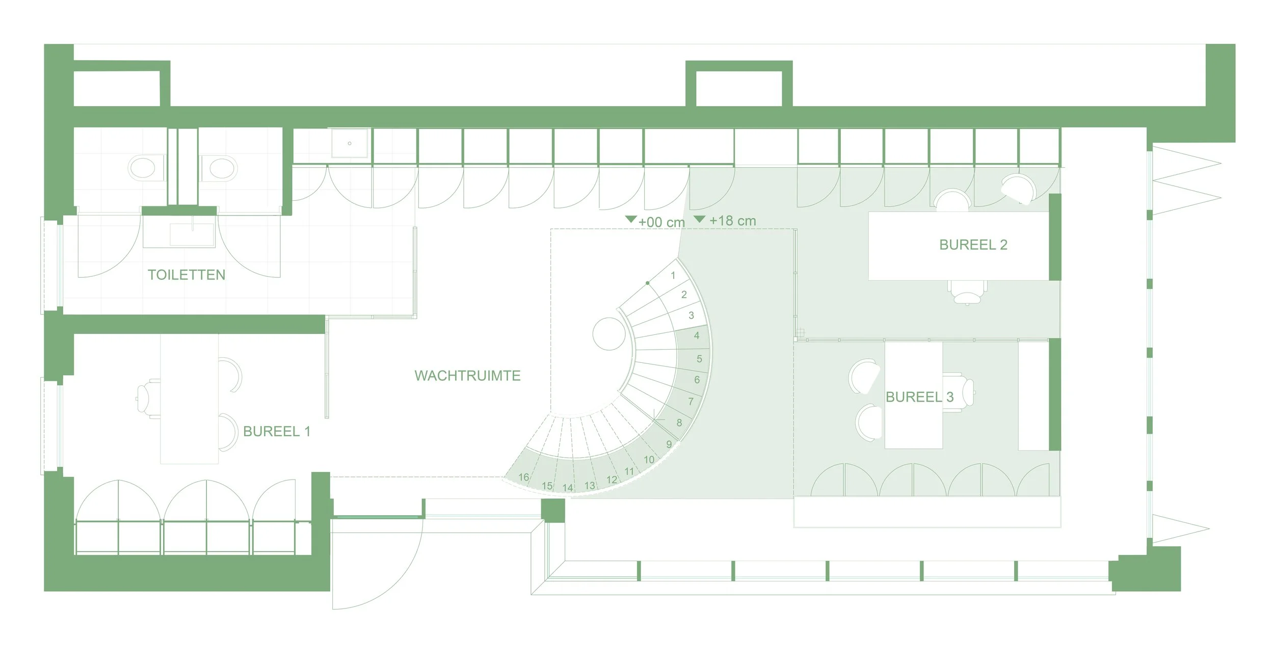 Plattegrond van een kantoorruimte met verschillende bureaus, een wachtkamer, een toiletruimte, en een trappenhuis.