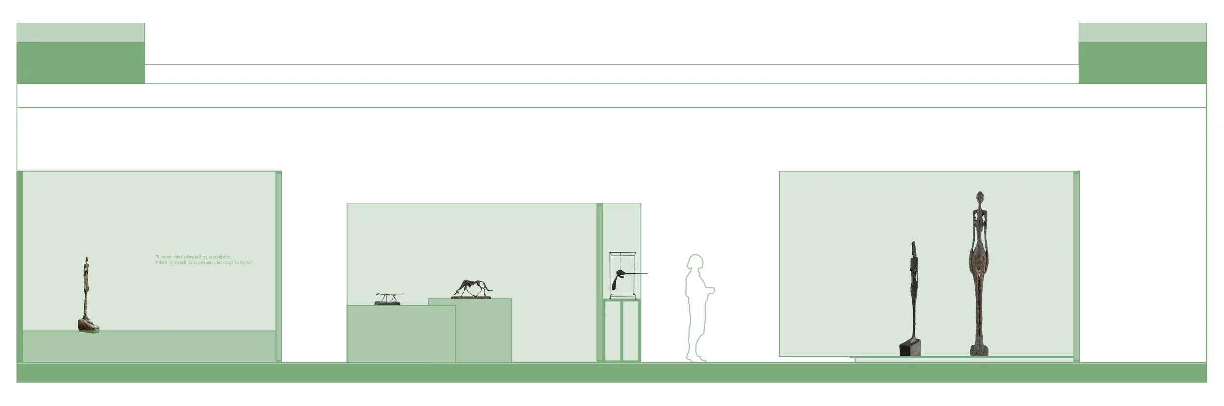 Illustratie van een museumzaal met sculpturen en een vrouw die naar de kunst kijkt.