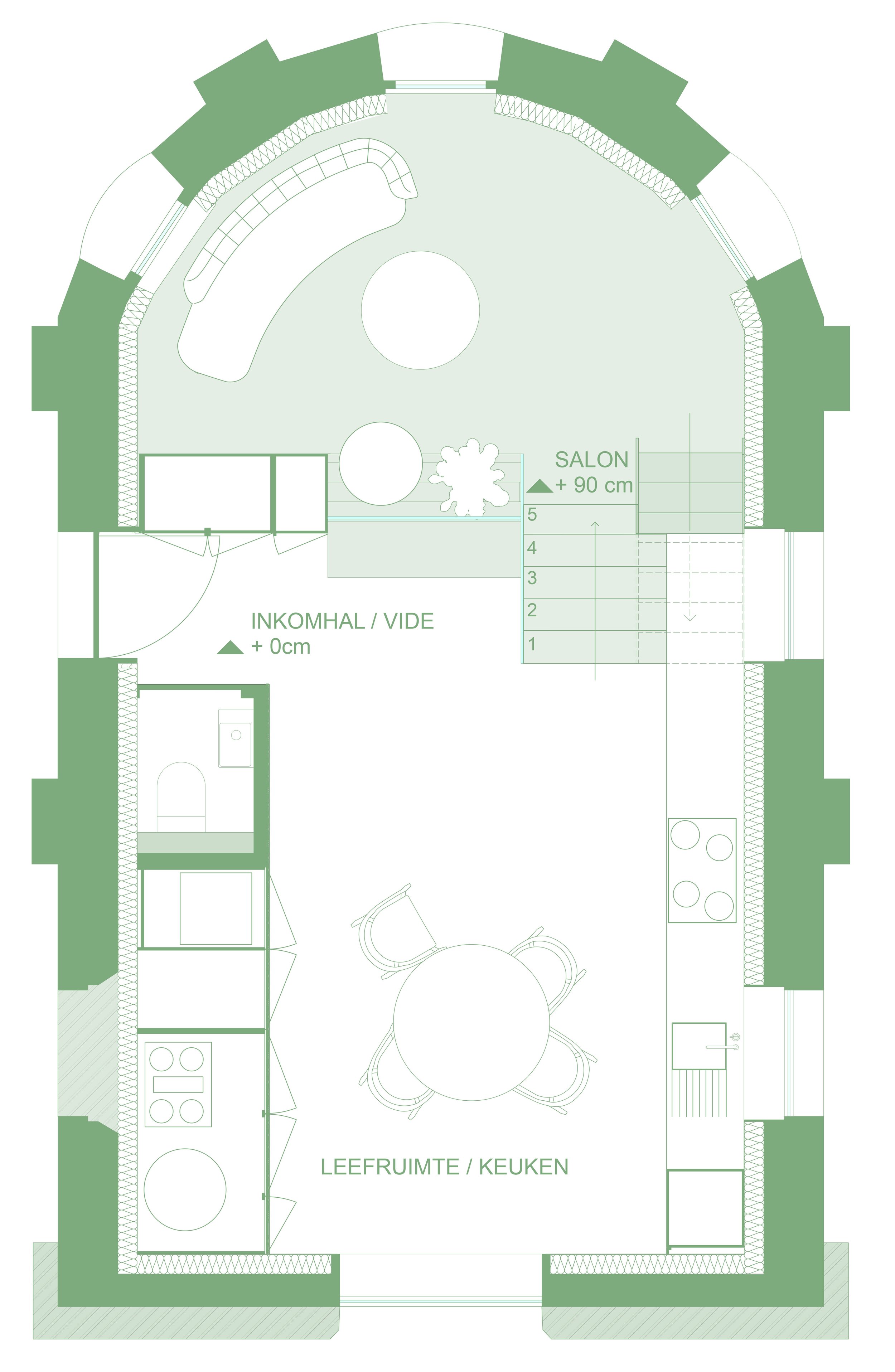 Plattegrond van een woning met een woonkamer, keuken, eetruimte, badkamer, en toegang tot een tuin, inclusief trappen en grote ramen.