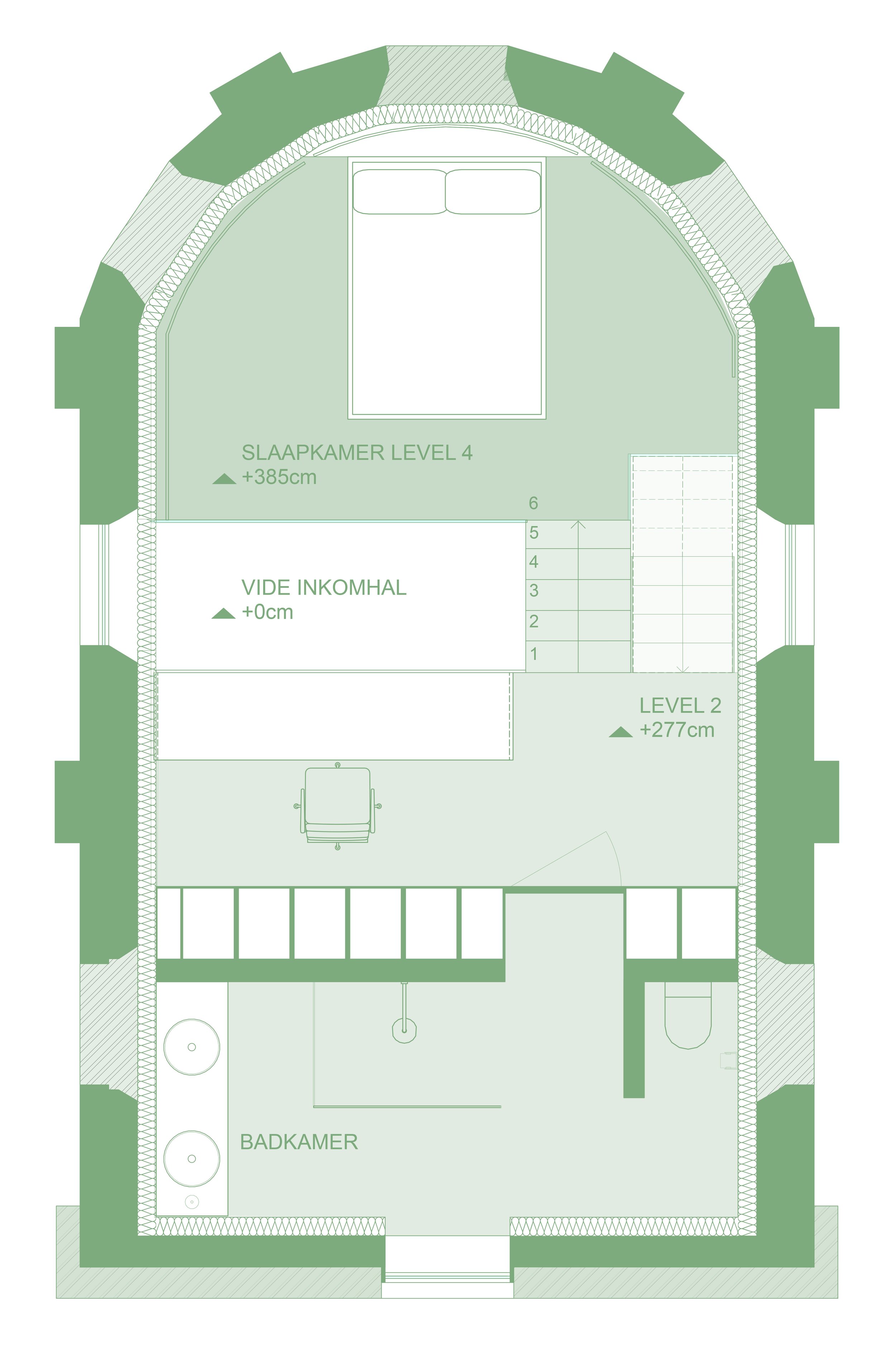 Schematisch vloerplan van een woning met slaapkamers, badkamer, vide inkomhal, en trappen.