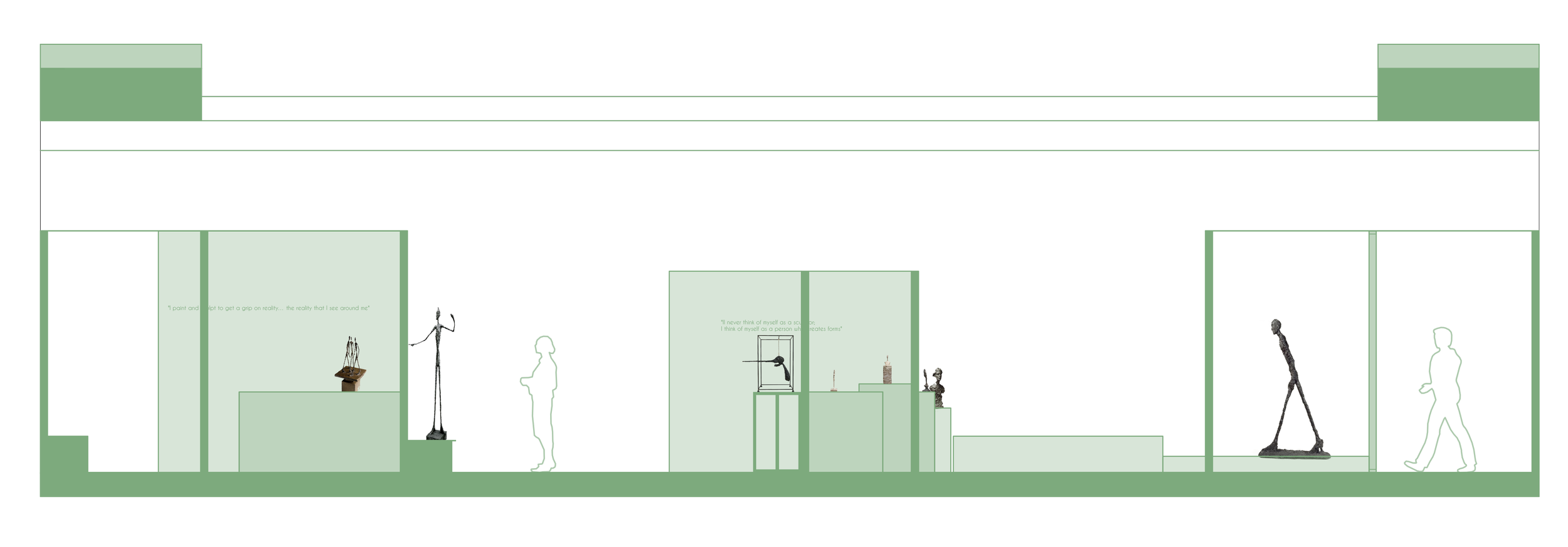 Museum of modern sculptures en kunstwerken met menselijke vormen en quotes, tentoonstellingsruimte met groen en witte muren.