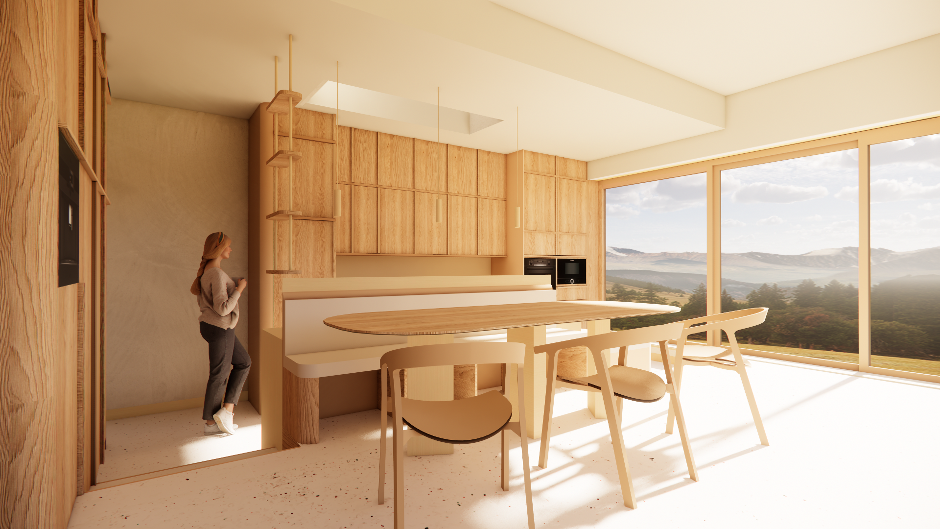 Interieur van een modern, minimalistisch huis met houten elementen, grote ramen met uitzicht op bergen en een vrouw die in de keuken staat.