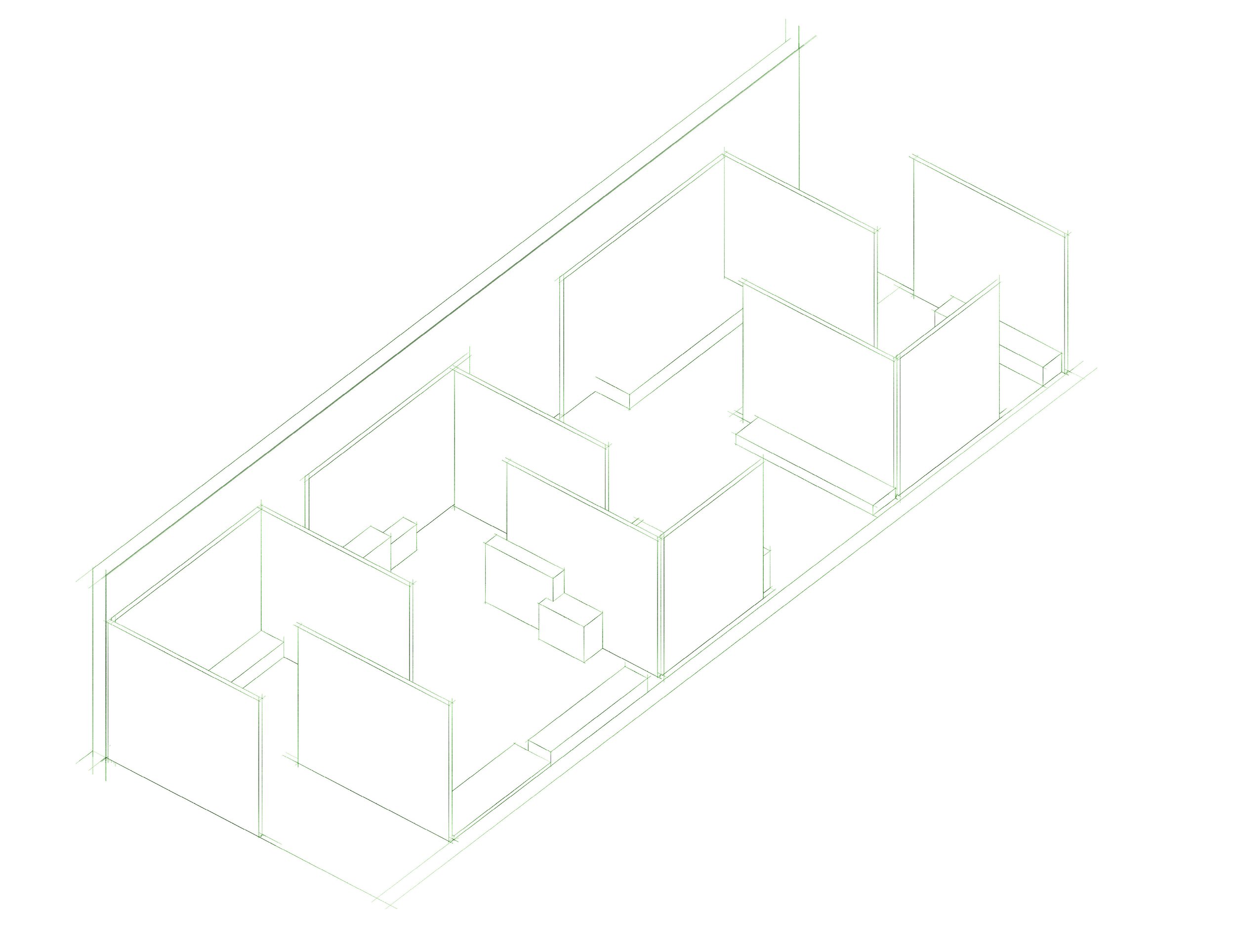 Lijntekening van een drone-opname van een lang, smal appartement met meerdere kamers, inclusief een woonkamer en slaapkamers.