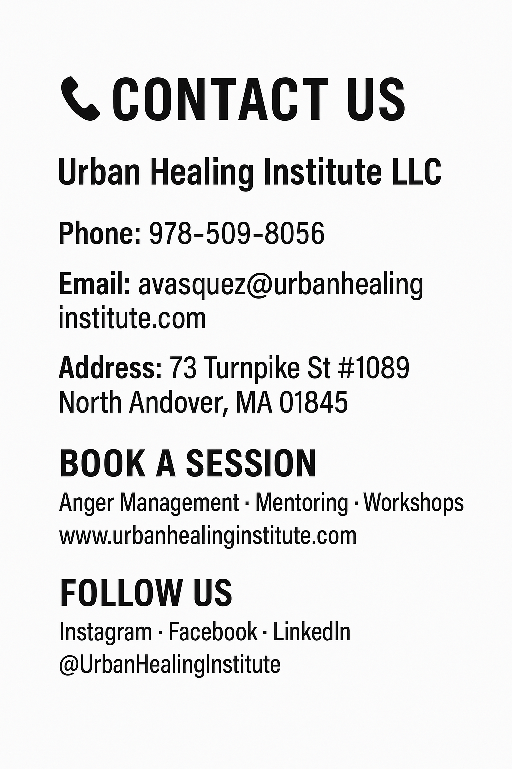 Contact information for Urban Healing Institute LLC, including phone number, email, address, and social media handles.