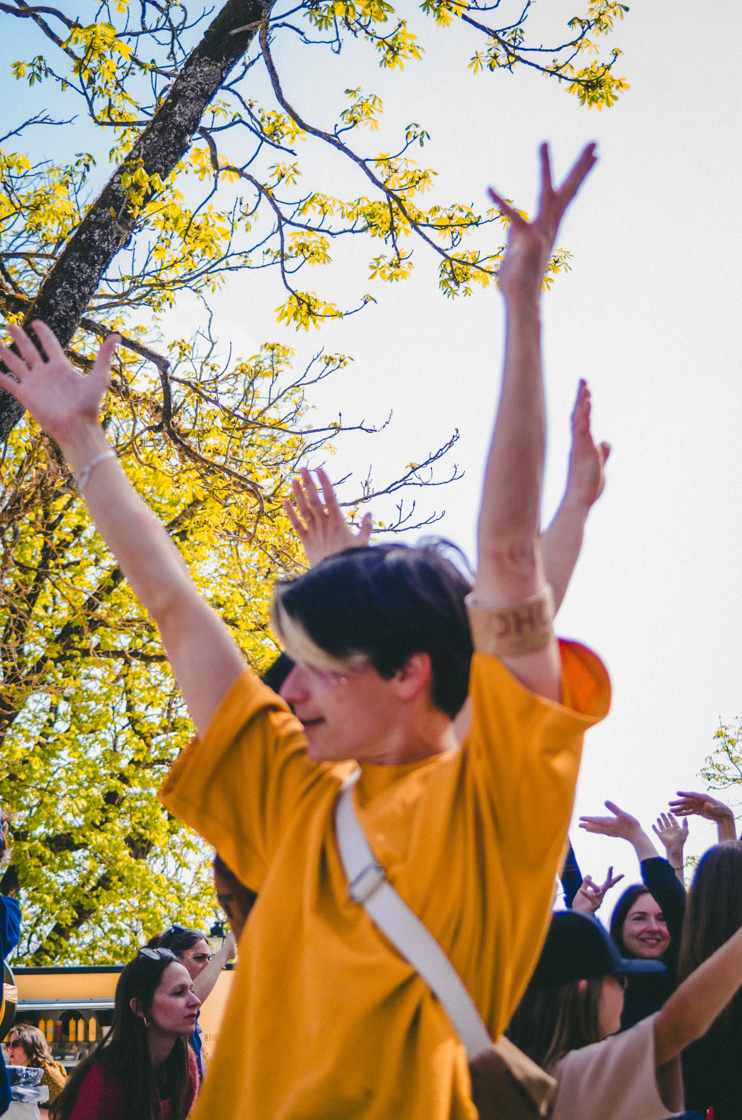 Un groupe de jeunes personnes dansant et levant les bras lors d'un événement en plein air, avec des arbres aux feuilles jaunes en arrière-plan. Chorégraphie sur we are family