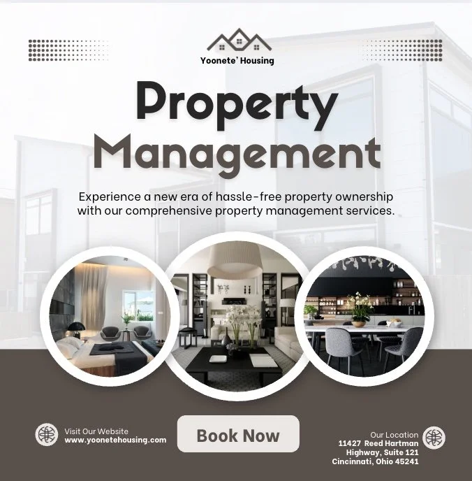 Flyer for Yoonete Housing property management services showing modern interior photos of residential spaces, with a note to visit the website and book now.