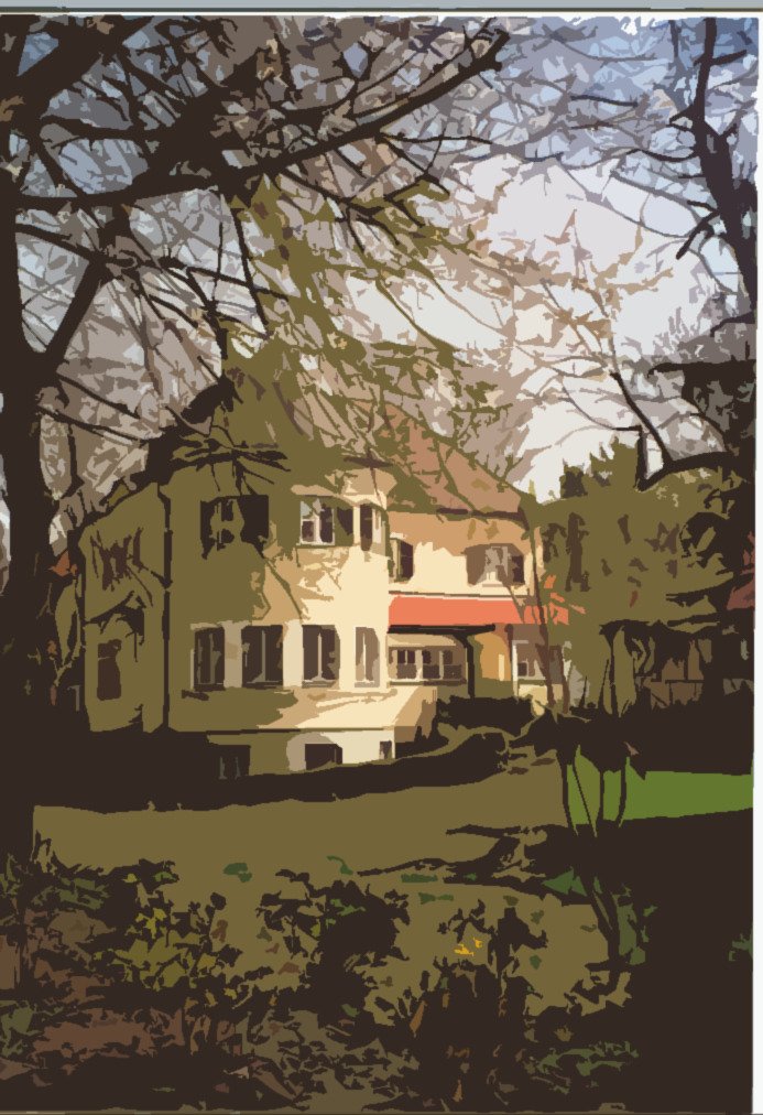 Ein Haus inmitten von Bäumen im Wald, umgeben von Natur, im Stil einer digital bearbeiteten Illustration.