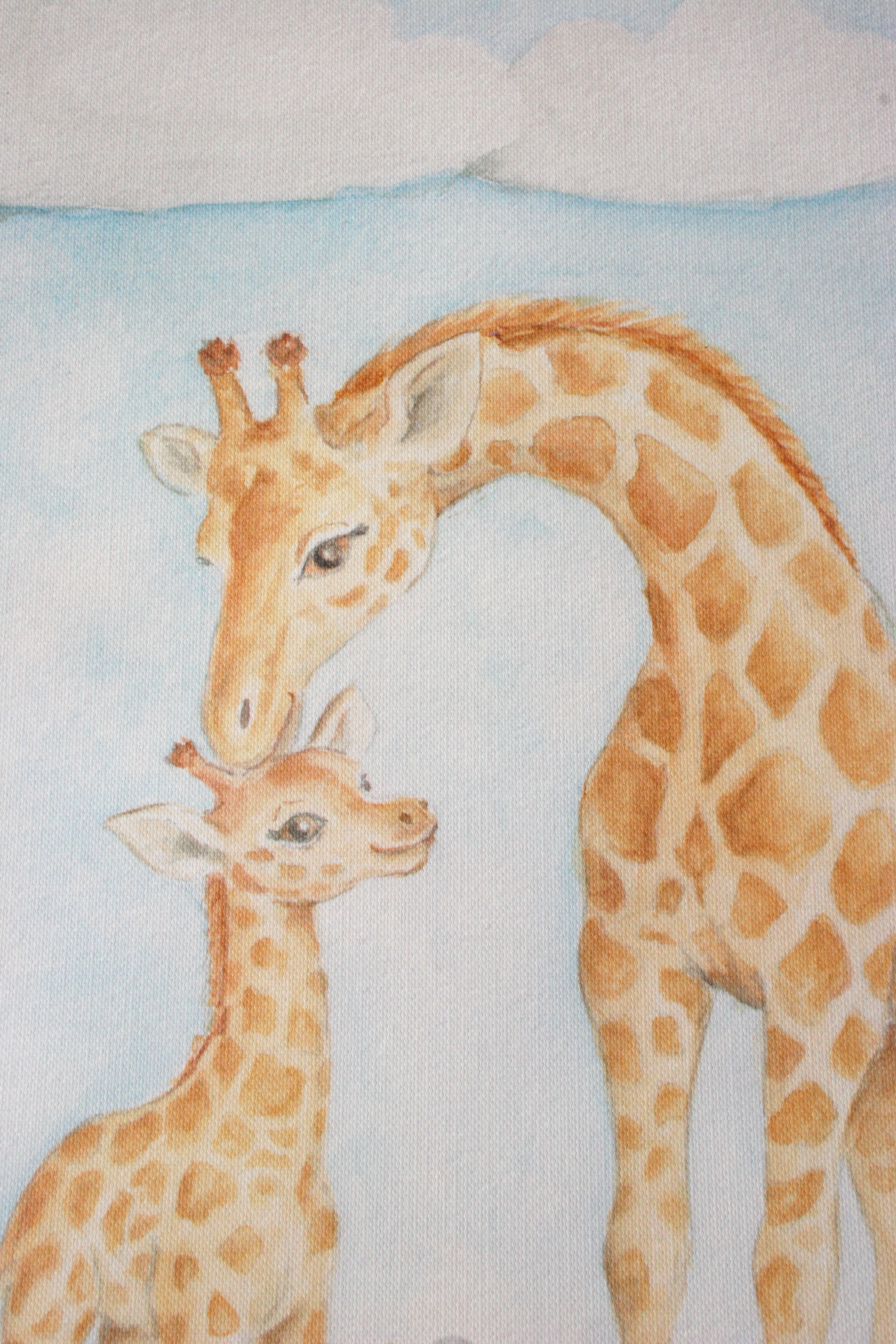 Close-up detail of a hand-painted watercolour giraffe and baby illustration showing the soft textures and golden tones.