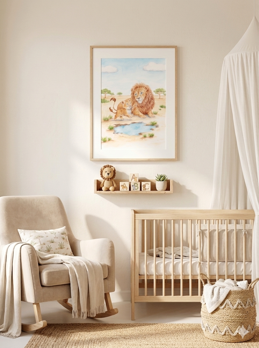 Framed lion and playful cub nursery art styled in a safari-themed room with a wooden cot and neutral armchair, safari nursery inspiration.