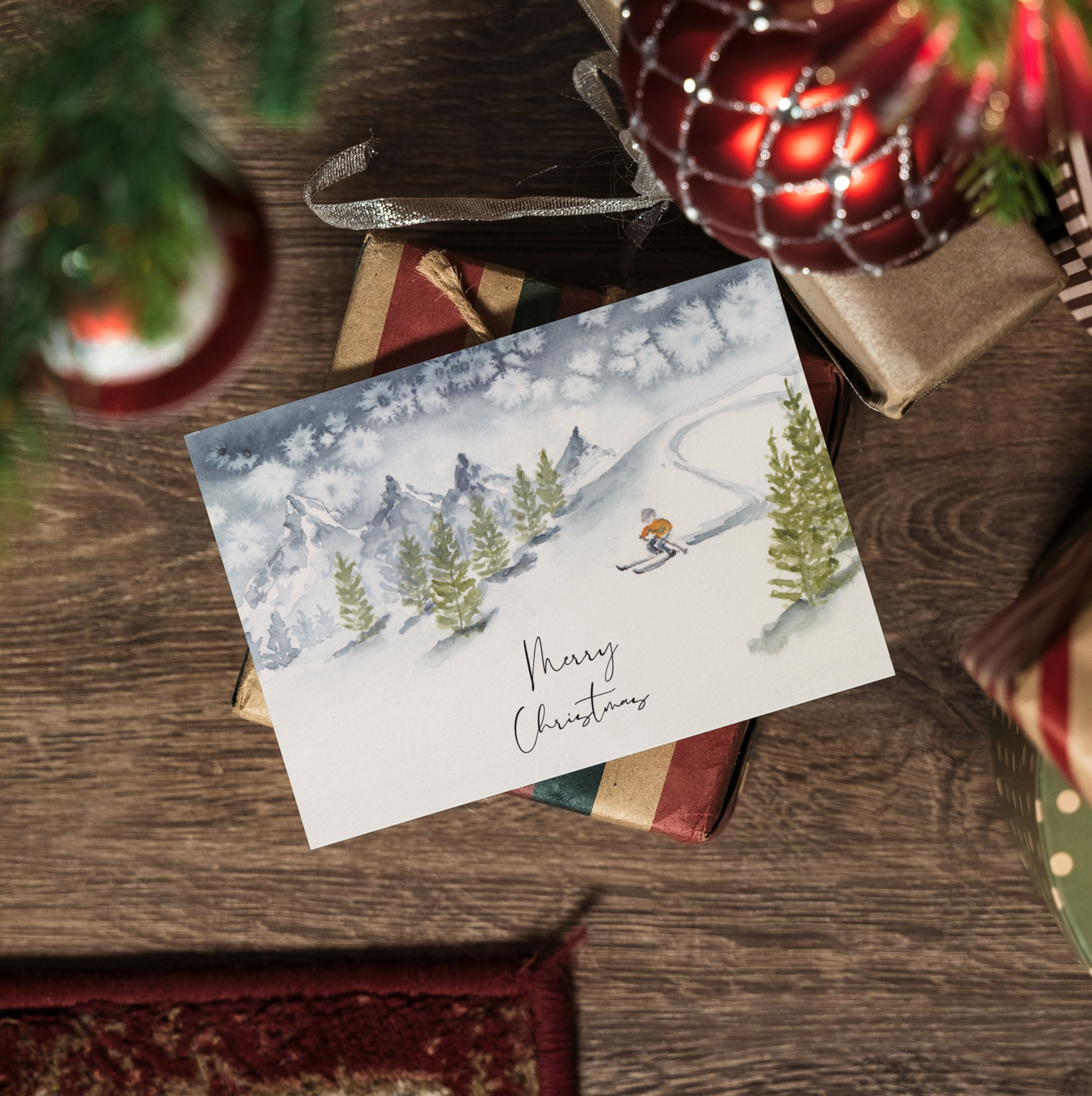 3 Pack of Festive Christmas Cards - Skiing in the Mountains