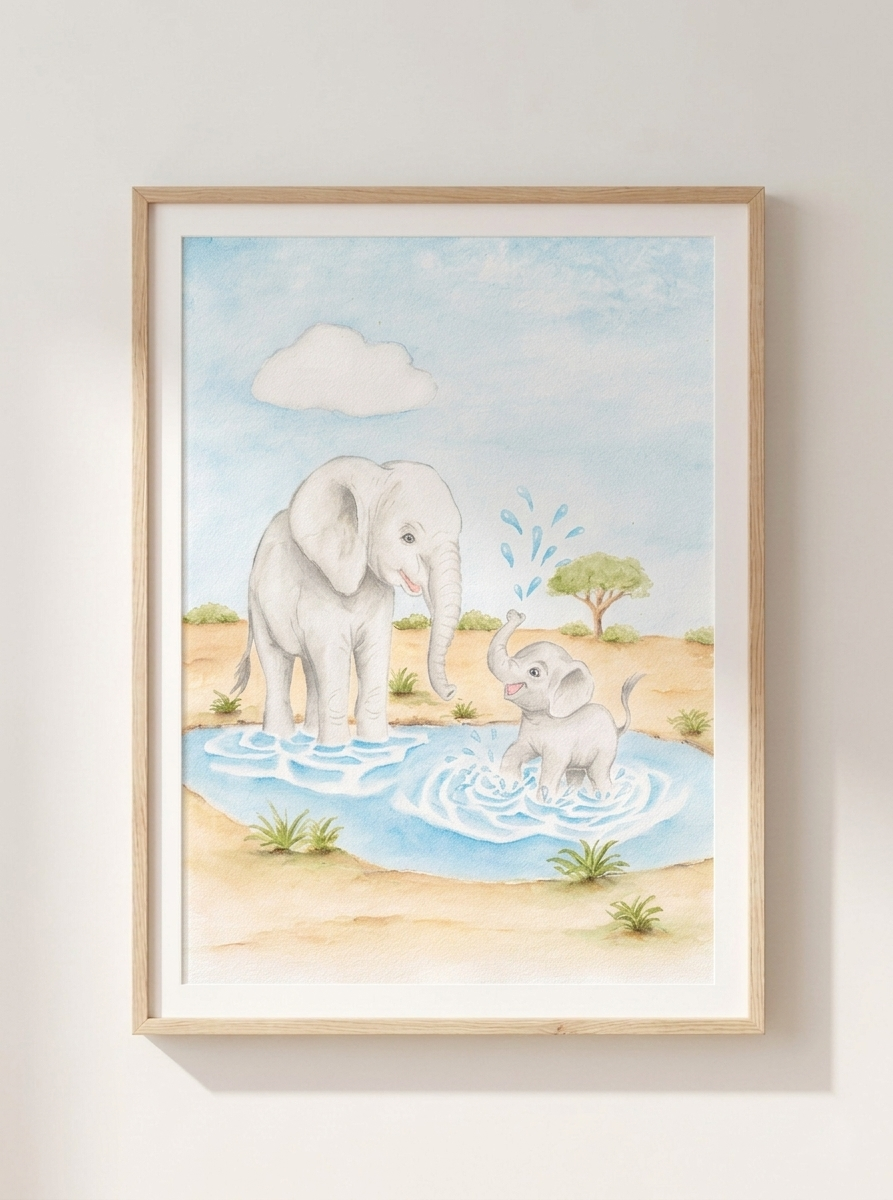 Mother and baby elephant nursery print in a light wood frame, safari animal wall art for neutral nurseries.