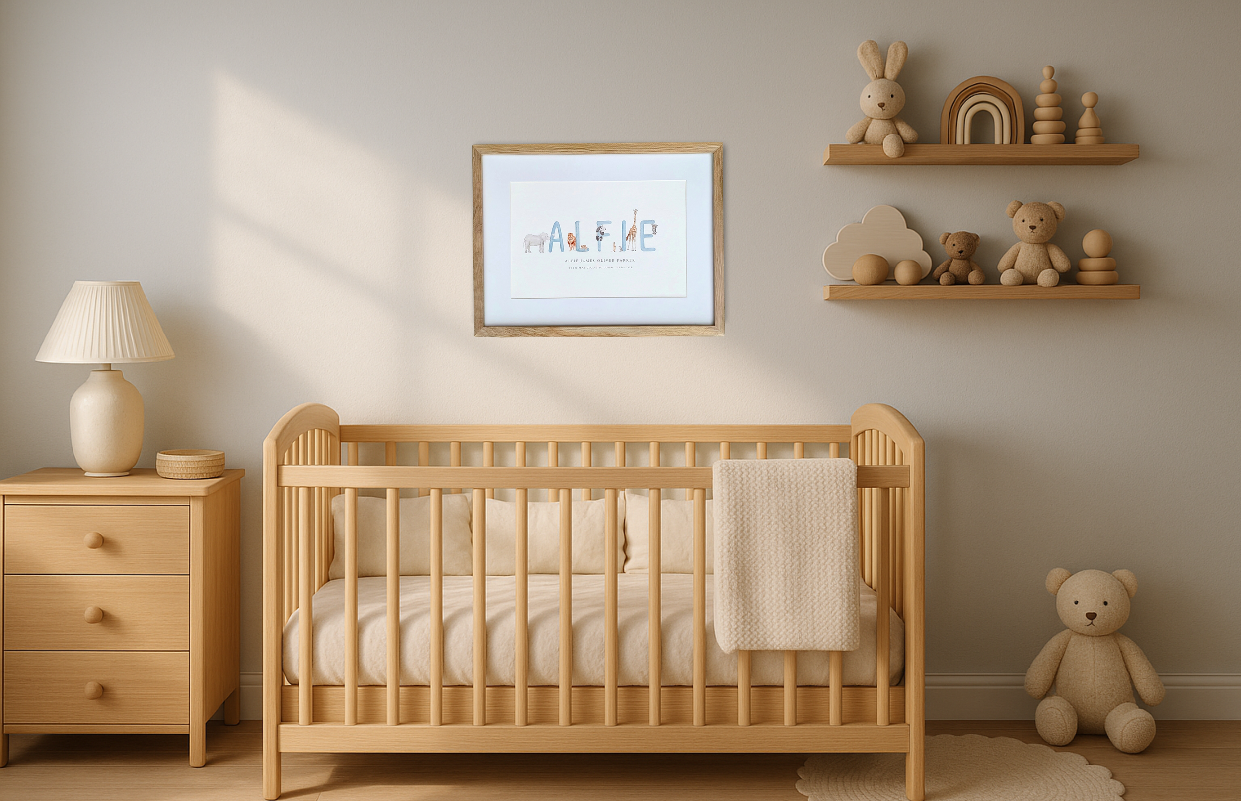 Nursery room with a wooden crib, stuffed animals, a nightstand with a lamp, wall shelves with toys, and wall art spelling 'ALFIE'.