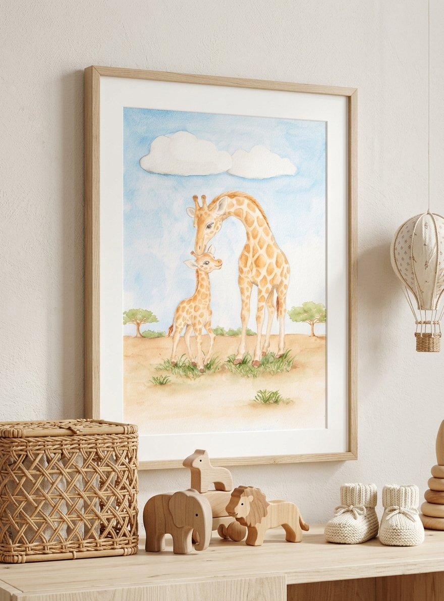Framed giraffe and baby calf nursery art styled on a wall with a wicker basket and hot air balloon decor, safari-themed nursery inspiration.