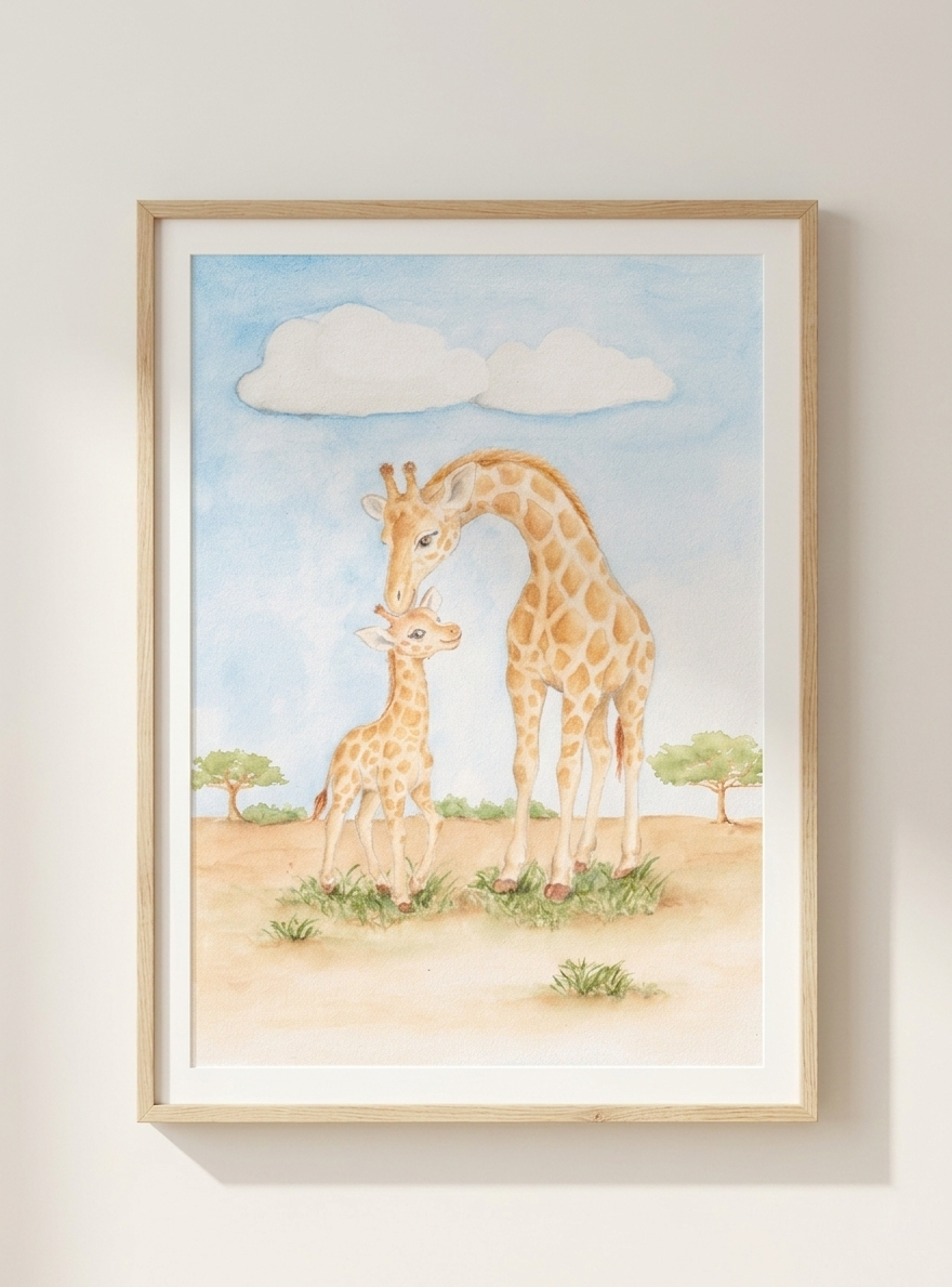 Watercolour Giraffe and Baby Nursery Print – Safari Animal Wall Art