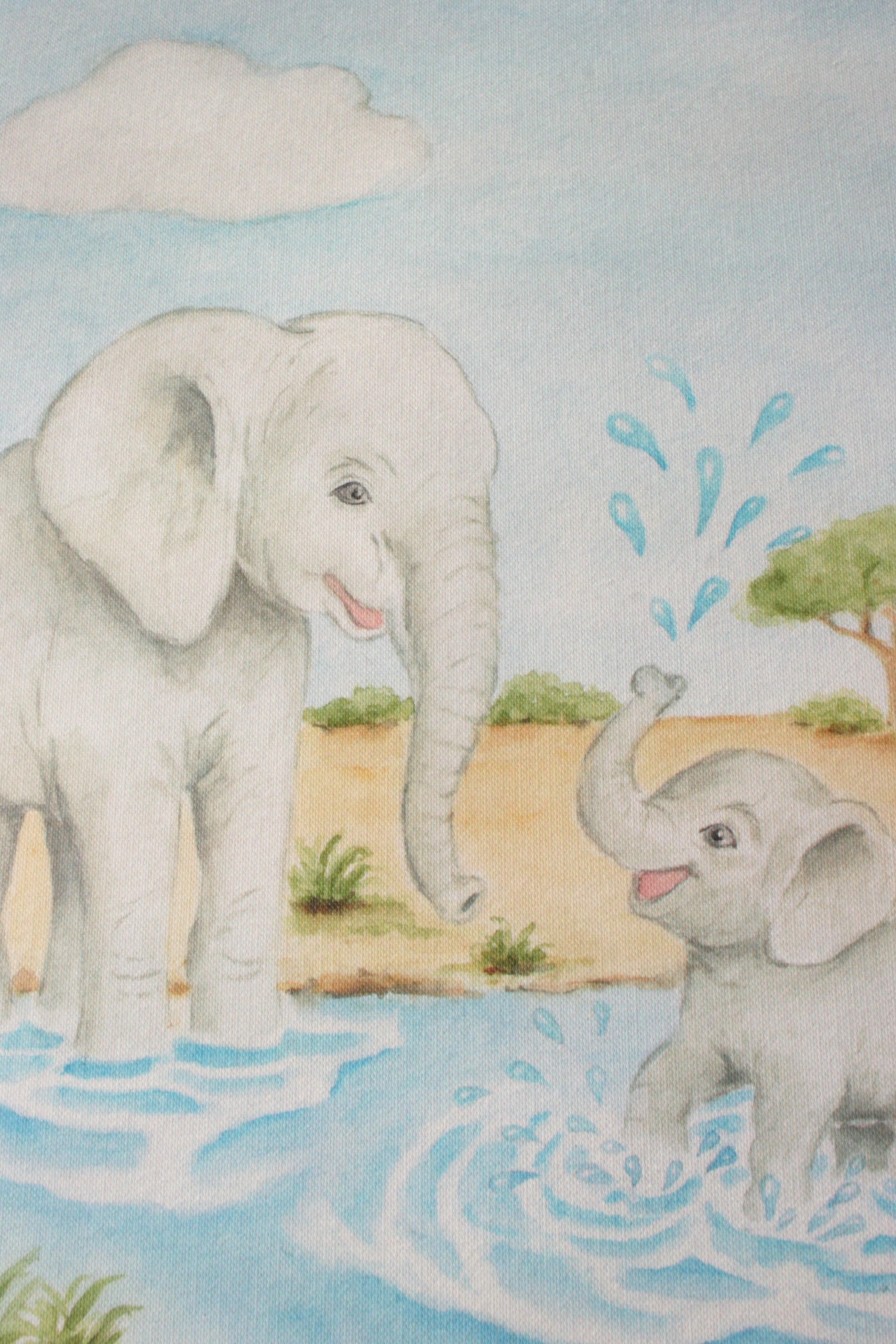 Close-up detail of a hand-painted watercolour elephant and baby illustration showing the soft textures and blue water splash details.