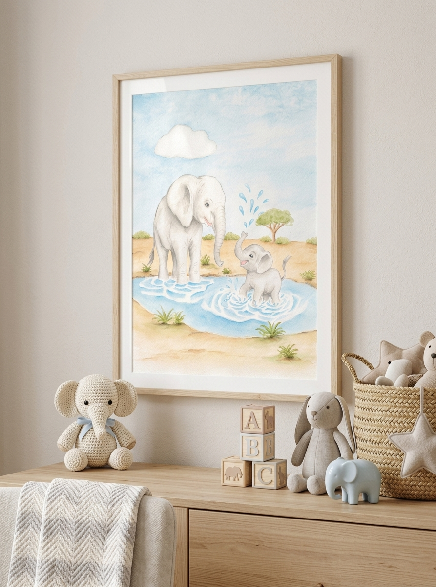 Framed elephant and baby calf nursery art styled on a wooden shelf with toy blocks and a knitted elephant, safari-themed nursery inspiration.