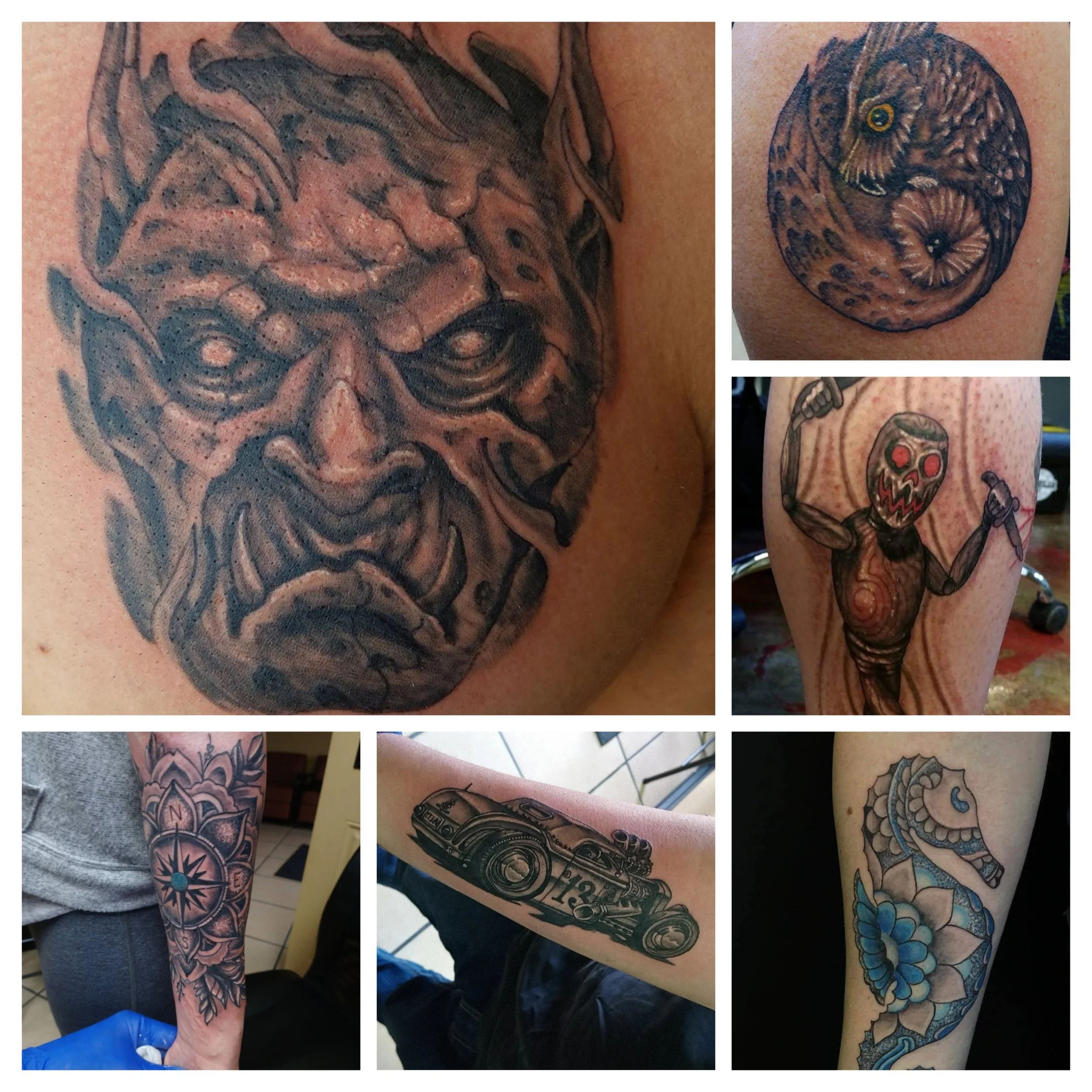 A collage of seven tattoos, including: a detailed face of a mythological or old man with a beard, a round snake wrapping around a floral design, a figure wearing a skull mask with arms raised holding lollipops, a compass with floral elements, a vinta