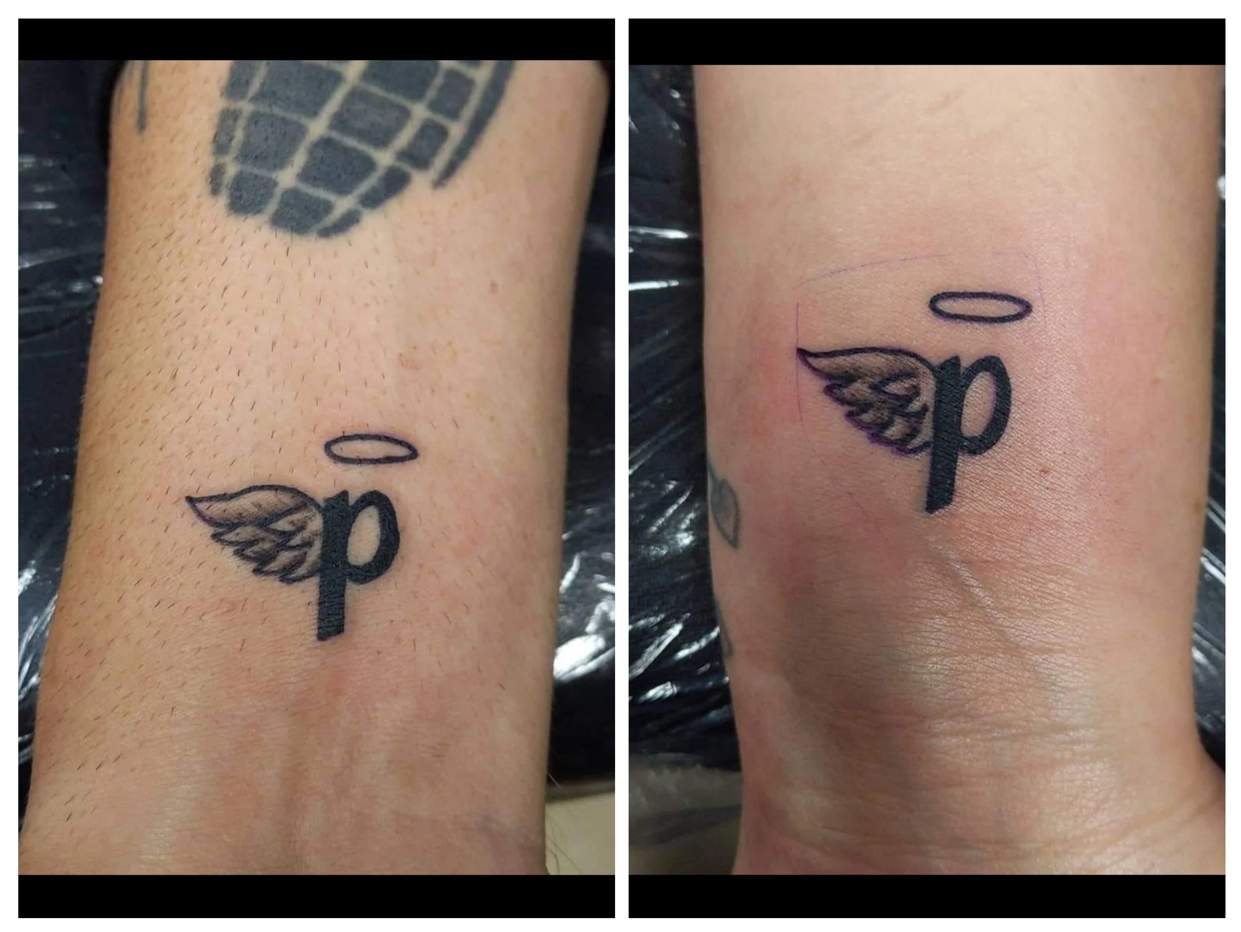 Close-up of a fresh tattoo on a person's ankle, featuring a black winged design with a halo above a lowercase 'p'.