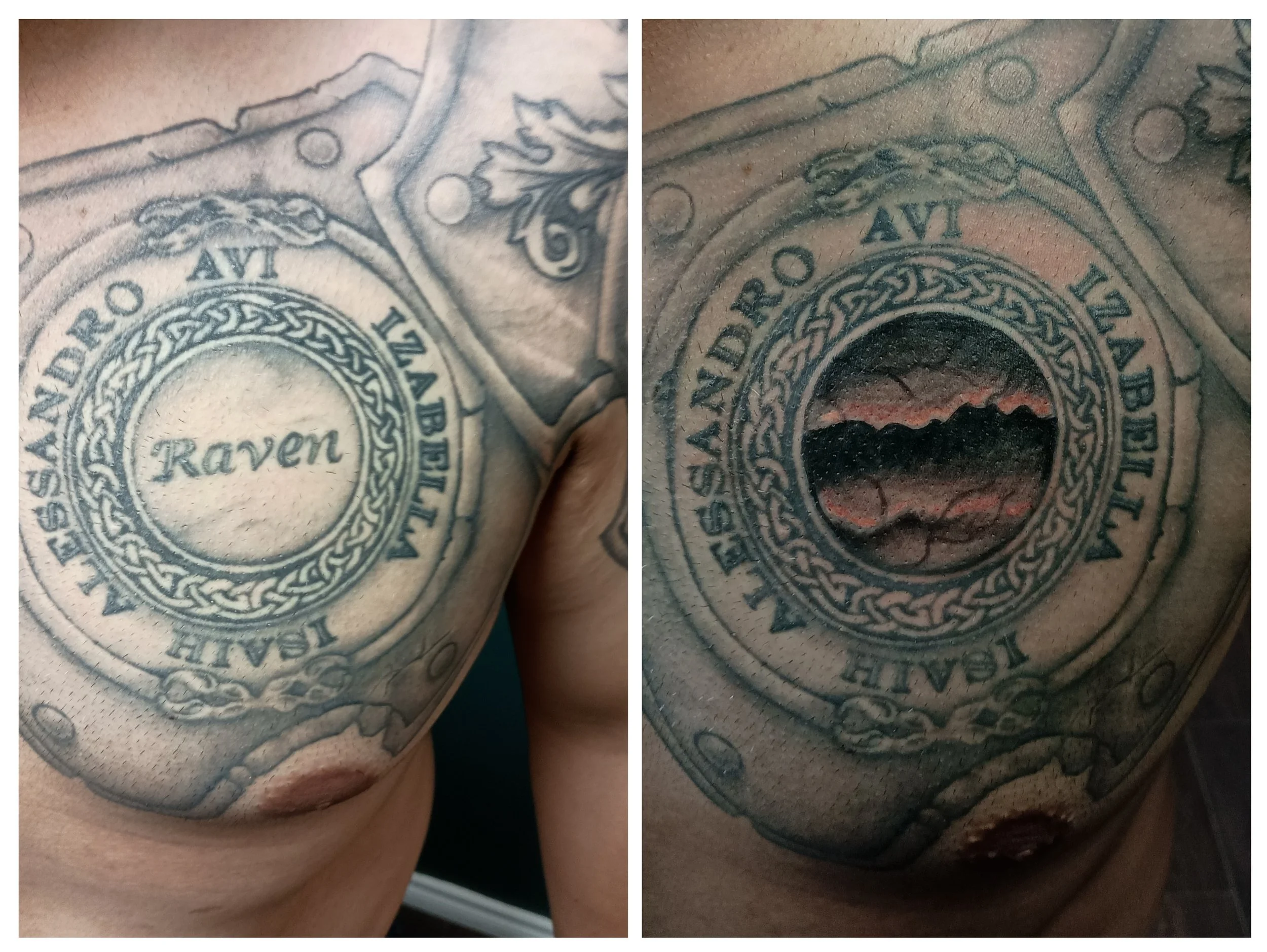 Tattoo on chest featuring a Viking-style shield with the name "Raven" in the center, surrounded by Norse text and a circular design, with part of a mountain scene visible inside the circle.