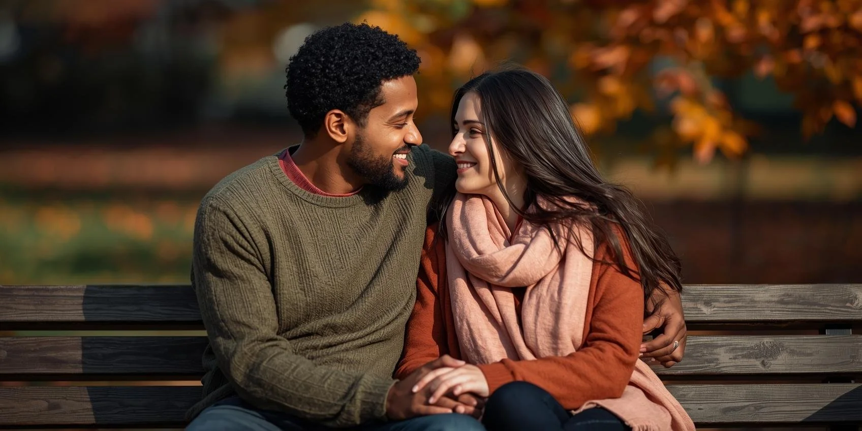 Multicultural couple sitting together on a park bench in autumn, symbolizing how attachment styles affect relationships and how therapy can help.
