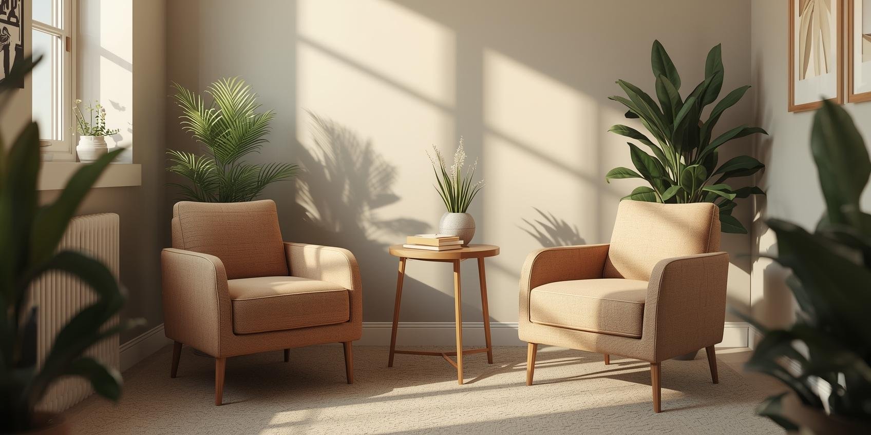 Realistic image of a cozy therapy office with two chairs and warm light, symbolizing what to expect in your first therapy session.