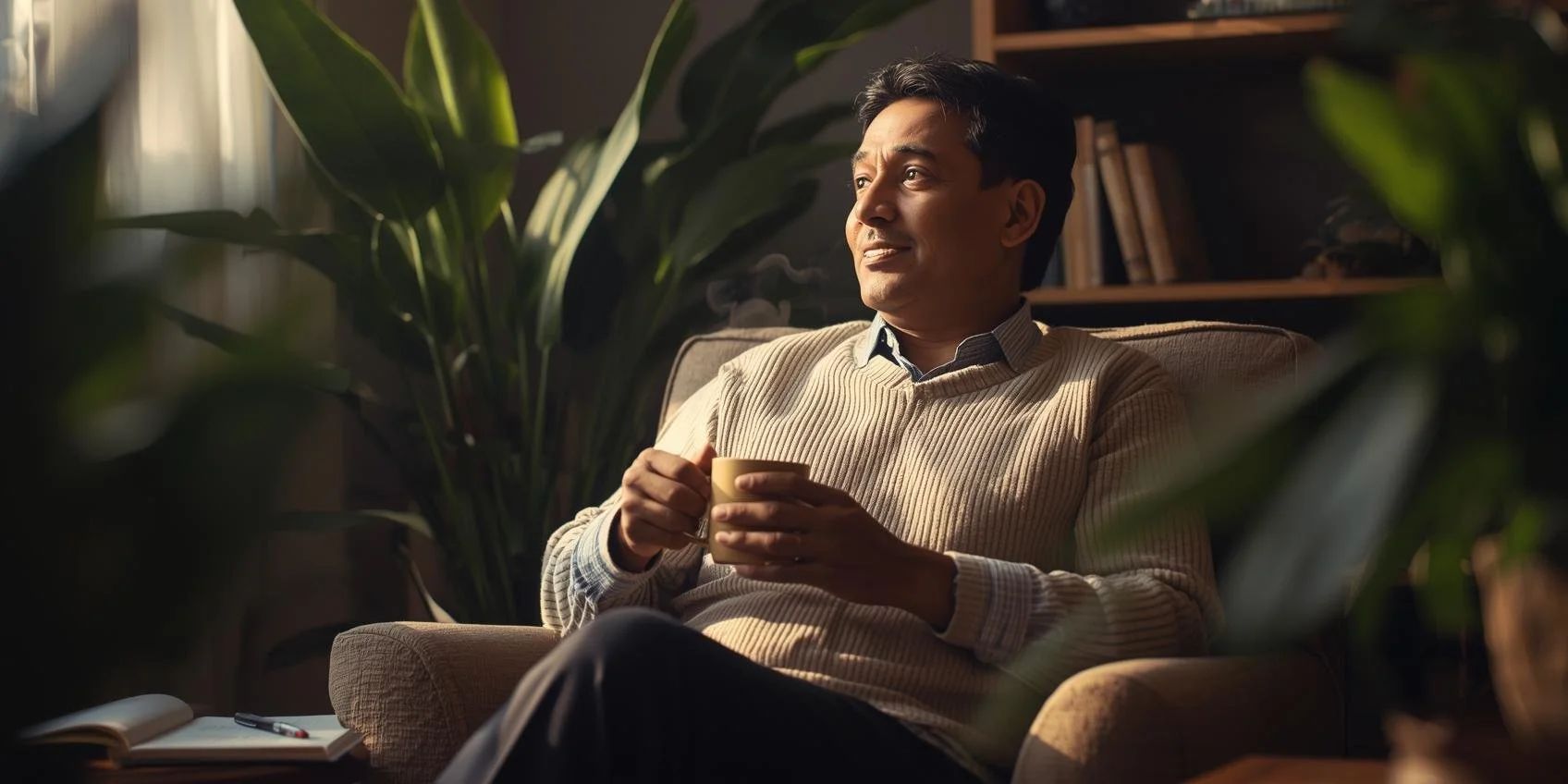 Realistic image of a middle-aged South Asian adult reflecting in a cozy space, symbolizing how childhood trauma shows up in adulthood and how therapy supports healing.