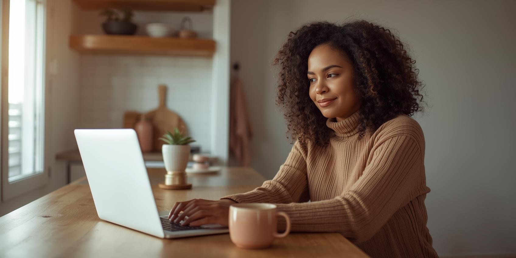 Adult attending online therapy at a kitchen bar with natural daytime light, subtle blush and terracotta accents, and a cozy earth-toned atmosphere.