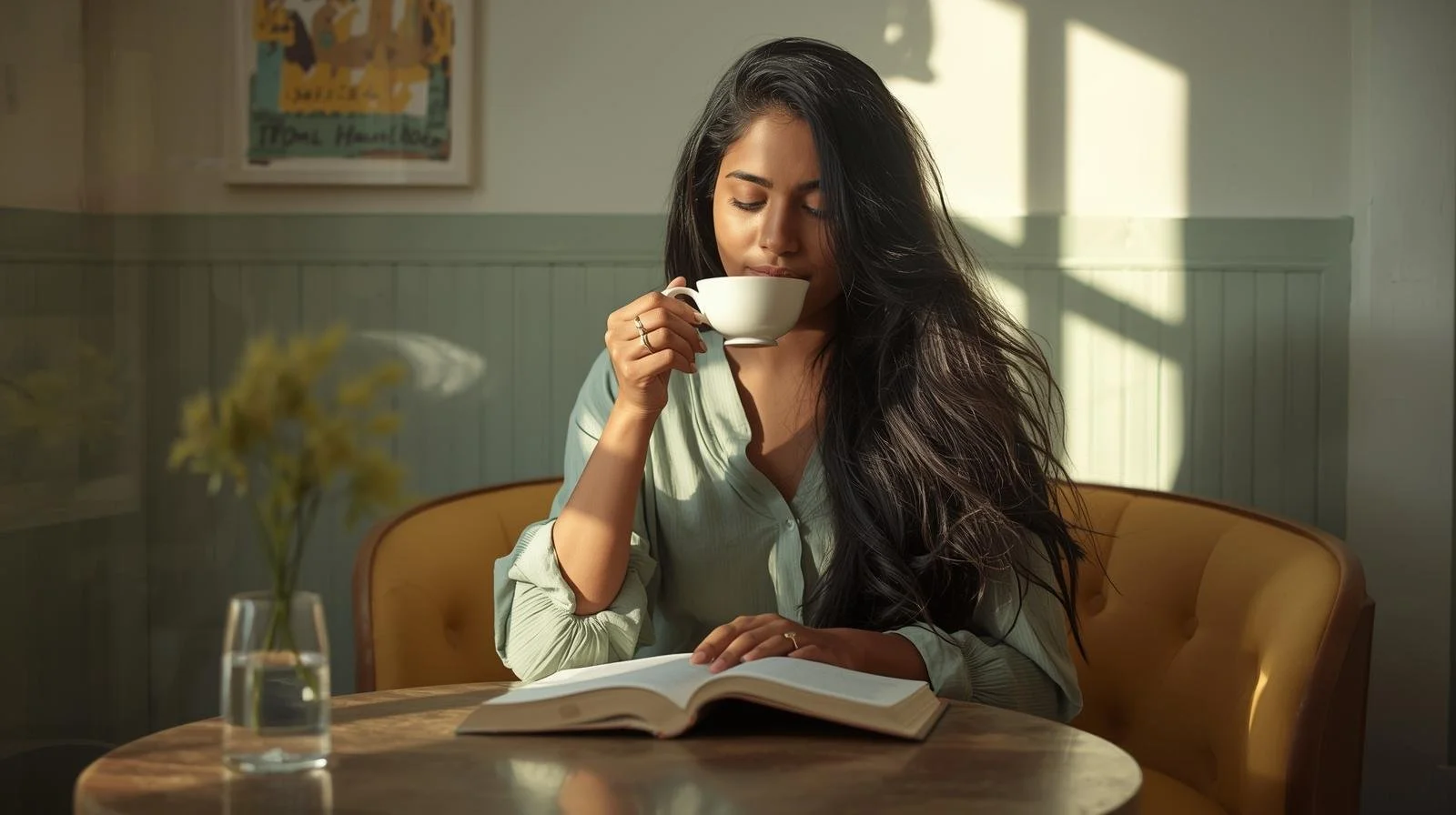 South Asian first-generation adult sitting on campus steps in dusty blue and beige tones, reflecting on identity with therapy support in Illinois and Michigan.