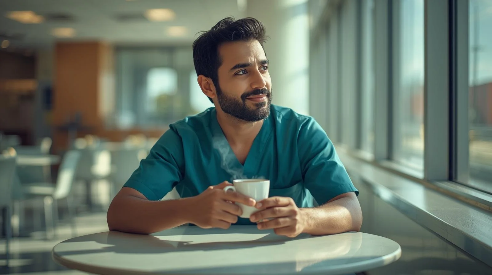 Tall Pakistani man in teal scrubs sitting with coffee in a bright hospital cafeteria, showing quiet exhaustion and compassion fatigue in Illinois and Michigan.
