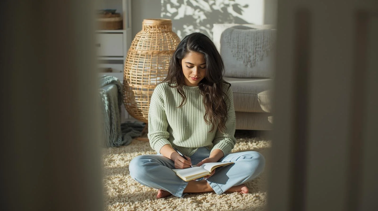 Latina person journaling at home in sage and butter tones, symbolizing Acceptance and Commitment Therapy in Illinois and Michigan.