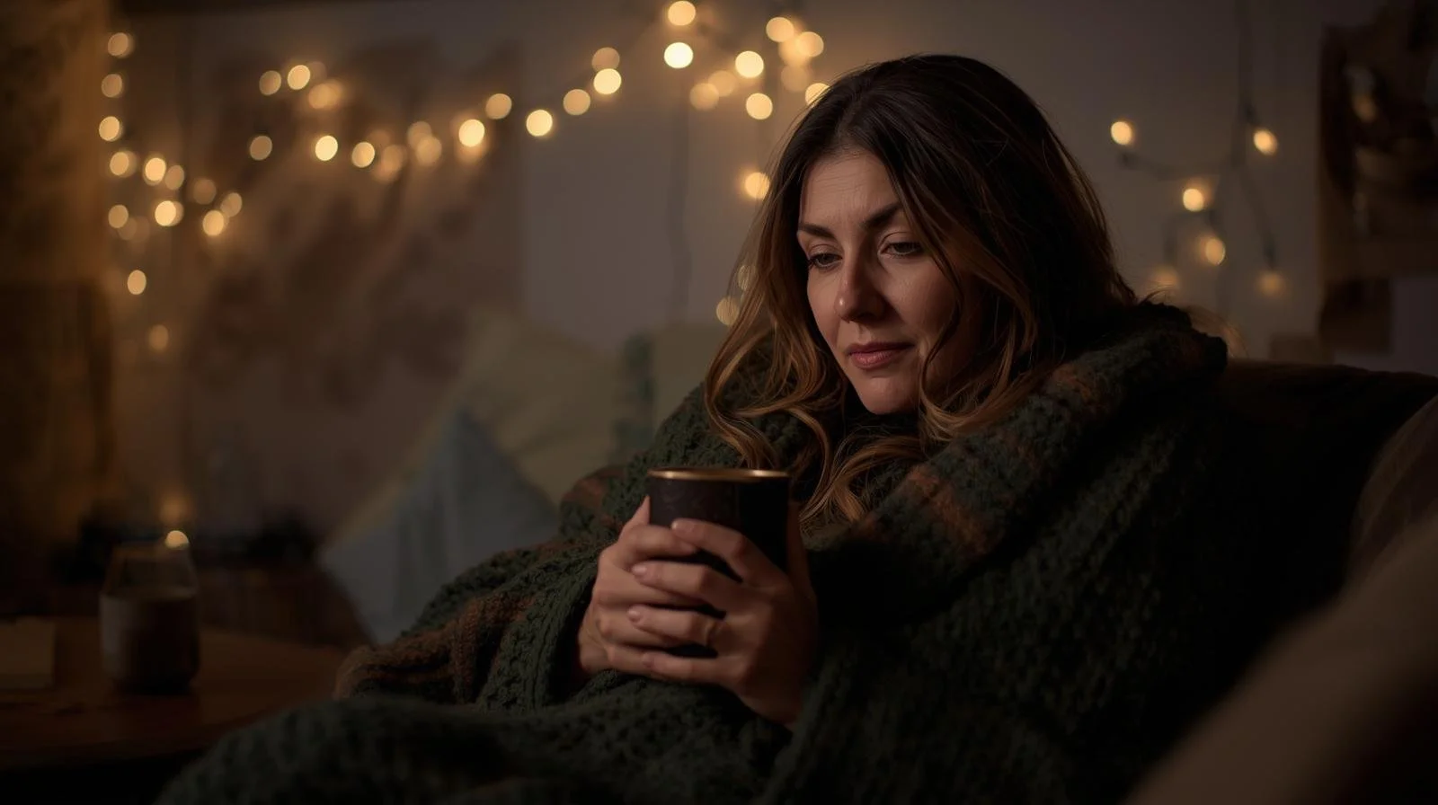 White woman sitting with a blanket and mug in a softly lit living room with forest and clay tones, representing coping with holiday loneliness in Illinois and Michigan.