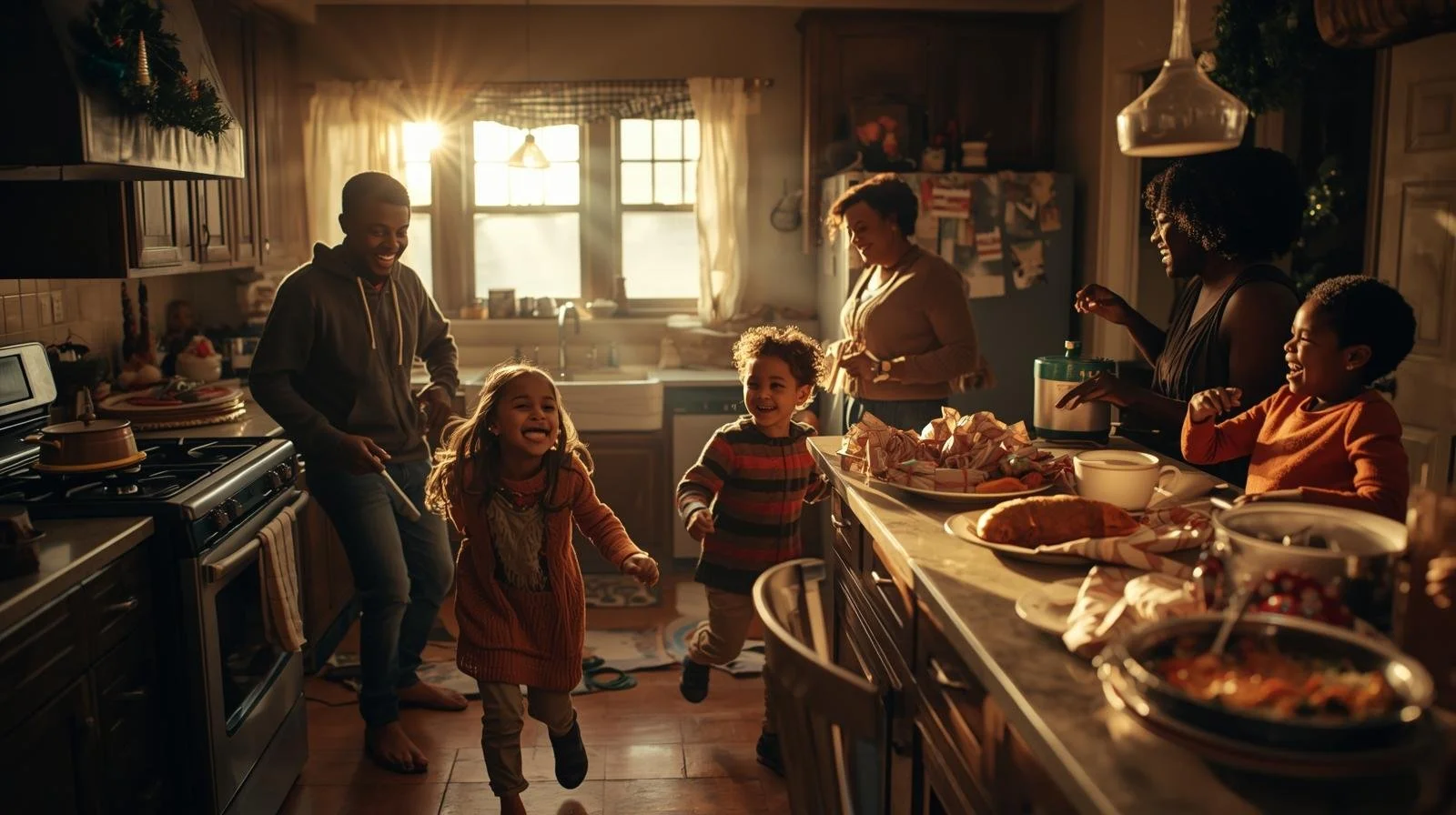 Multigenerational Black family in a lively Christmas morning kitchen with kids running around, some cooking and some talking, reflecting holiday family conflict in Illinois and Michigan.
