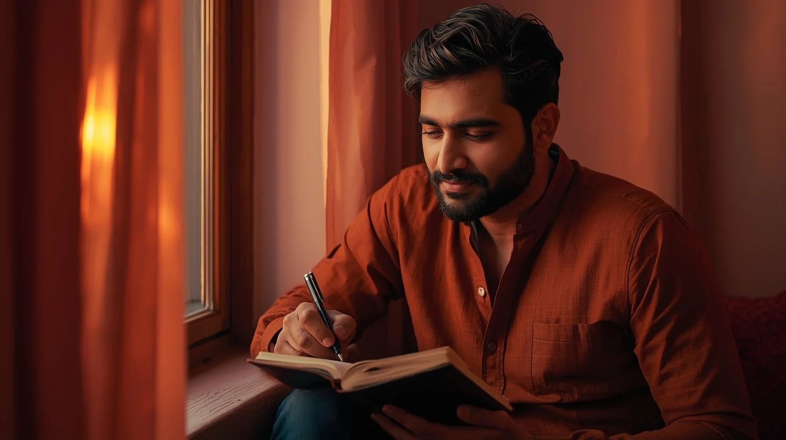 South Asian woman journaling by a window with warm golden-hour light, representing therapy and breaking generational patterns in Illinois and Michigan.