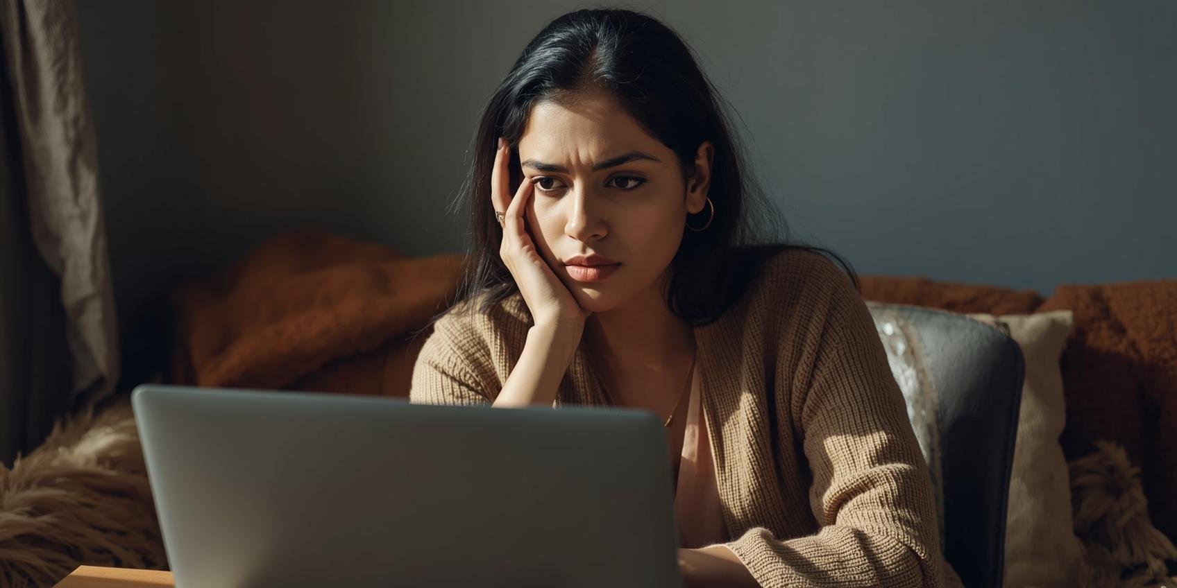 Alt text: South Asian woman in her 30s sitting at a desk with a laptop, appearing calm but subtly stressed, symbolizing high-functioning anxiety and the hidden signs therapy can address.
